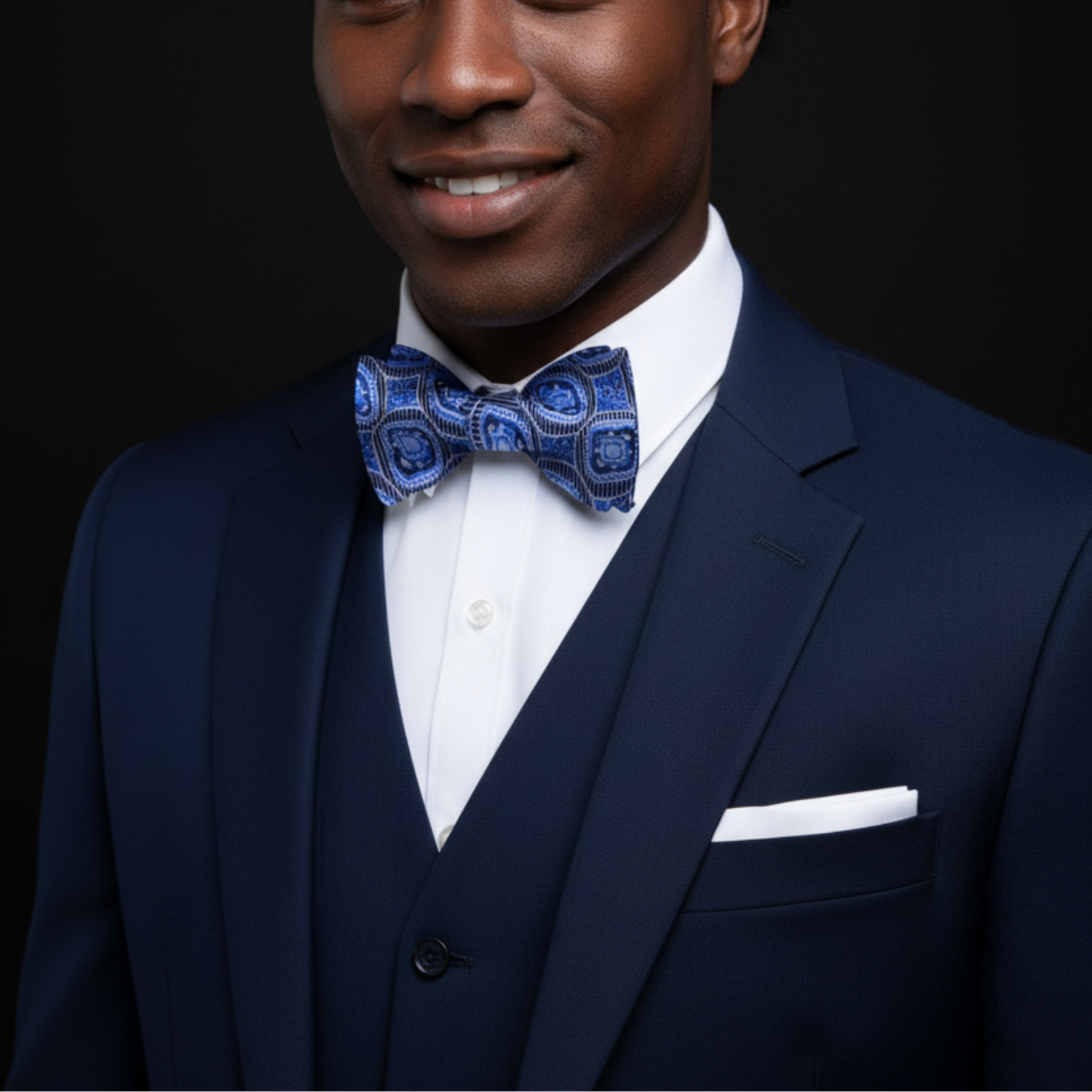 Man wearing a navy suit with a blue patterned bow tie on a black background