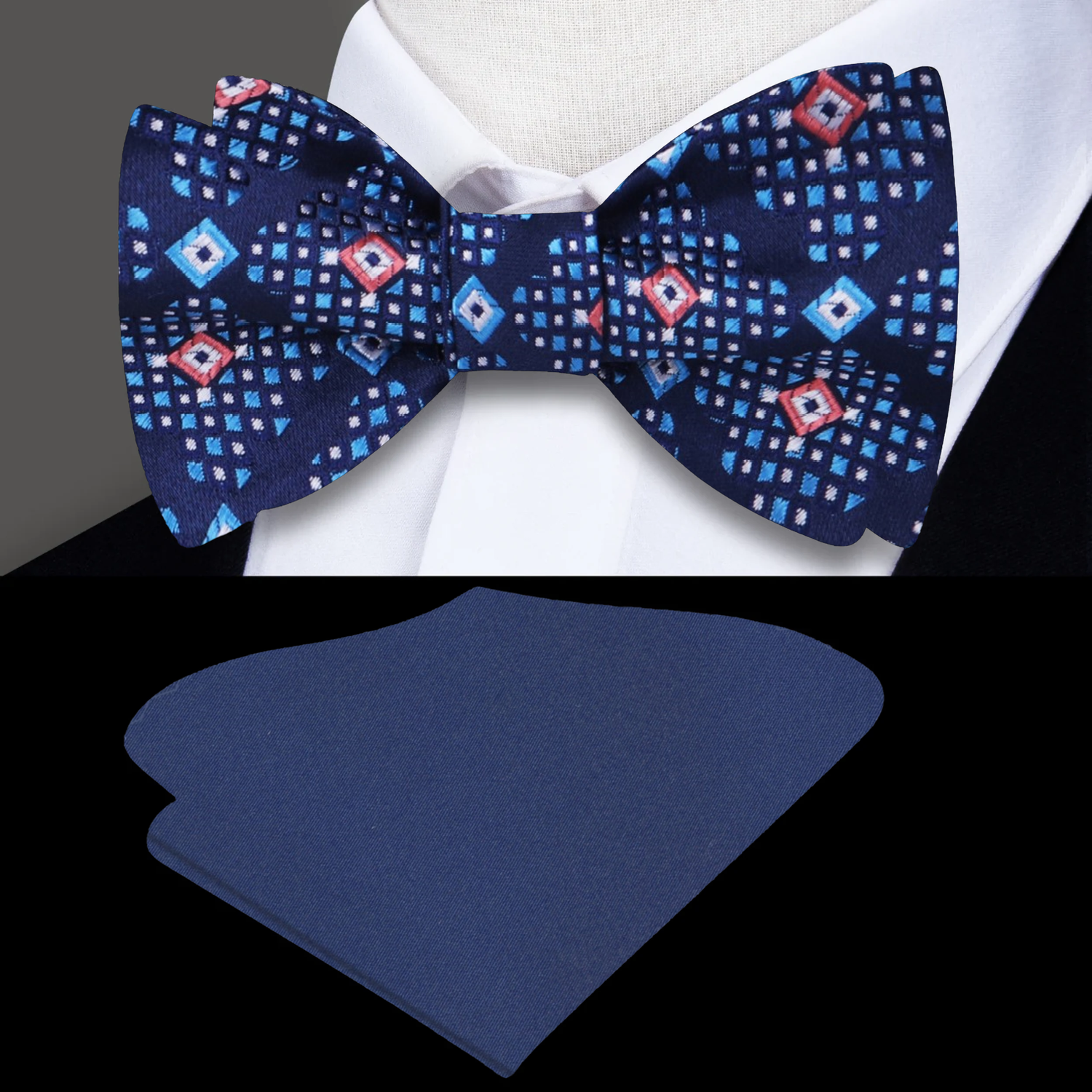 A Dark Blue, Light Blue, Peach Abstract Diamond Pattern Self Tie Bow Tie, Blue Pocket Square