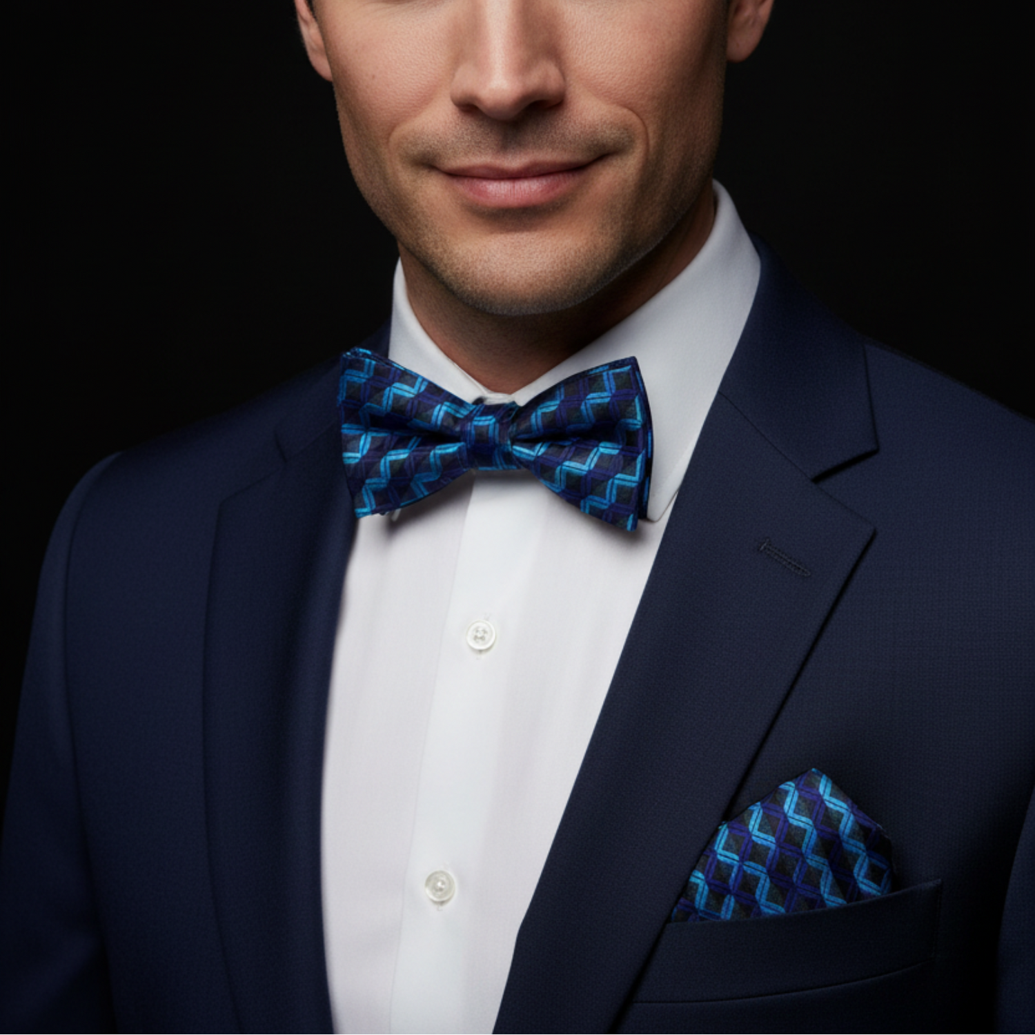 Man wearing blue grid bow tie and square on suit