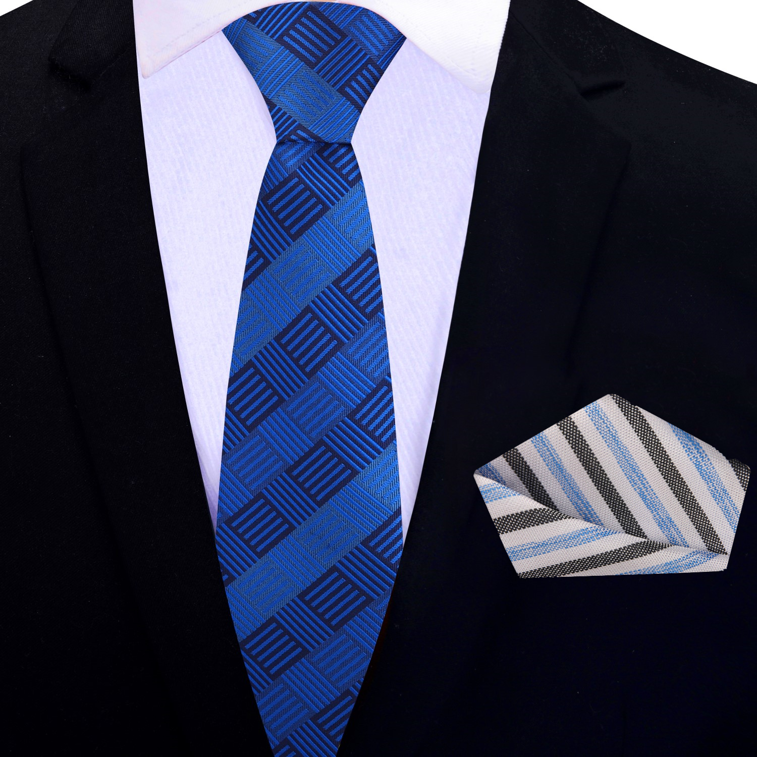 Thin Blue Geometric Necktie & Accenting White Blue Stripe Square