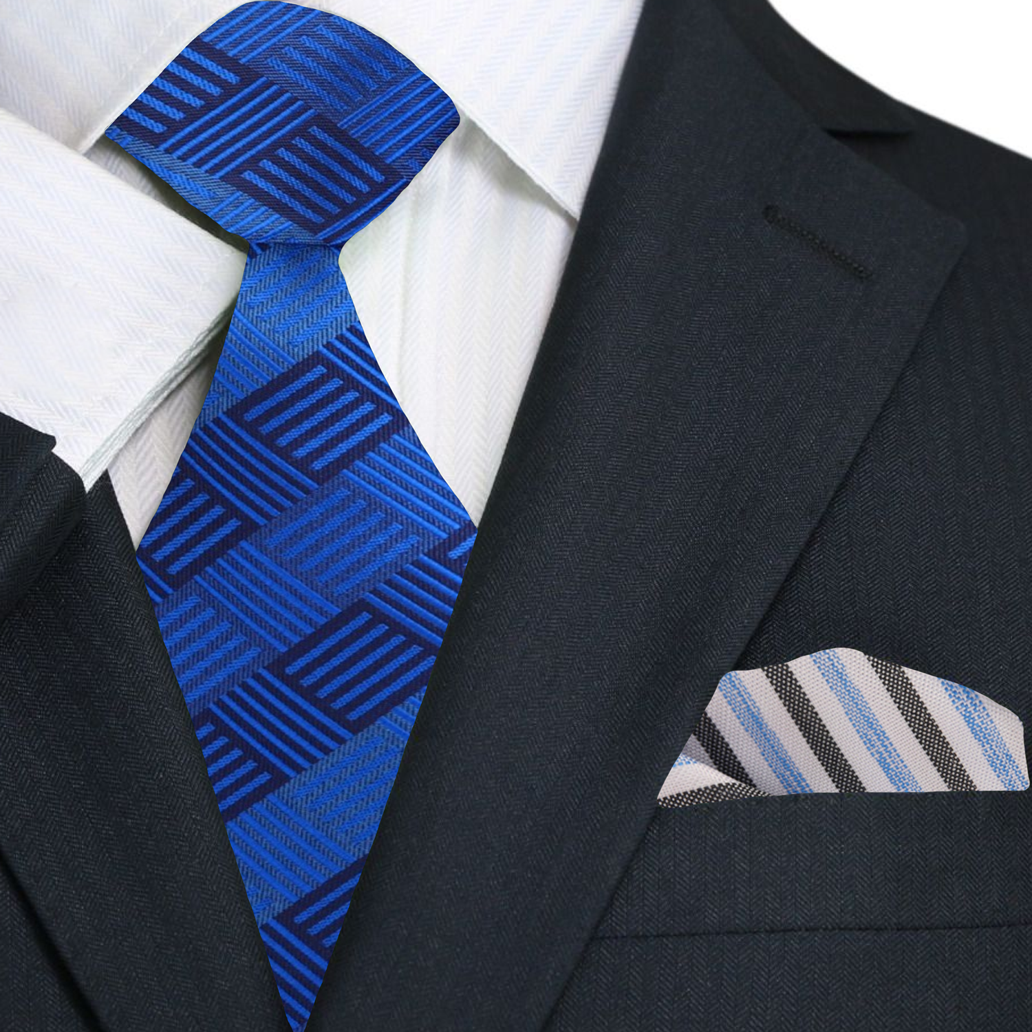 Blue patterned tie and pocket square with a black suit jacket