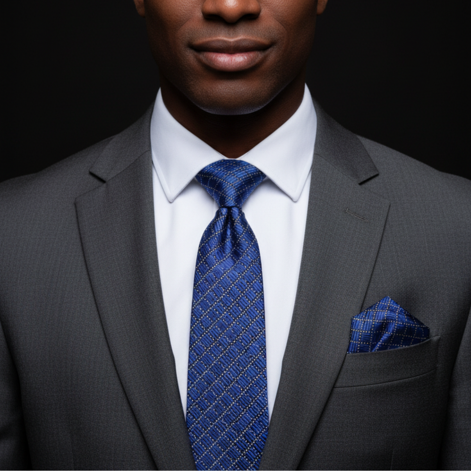 Man wearing a gray suit with a blue tie and pocket square on a black background