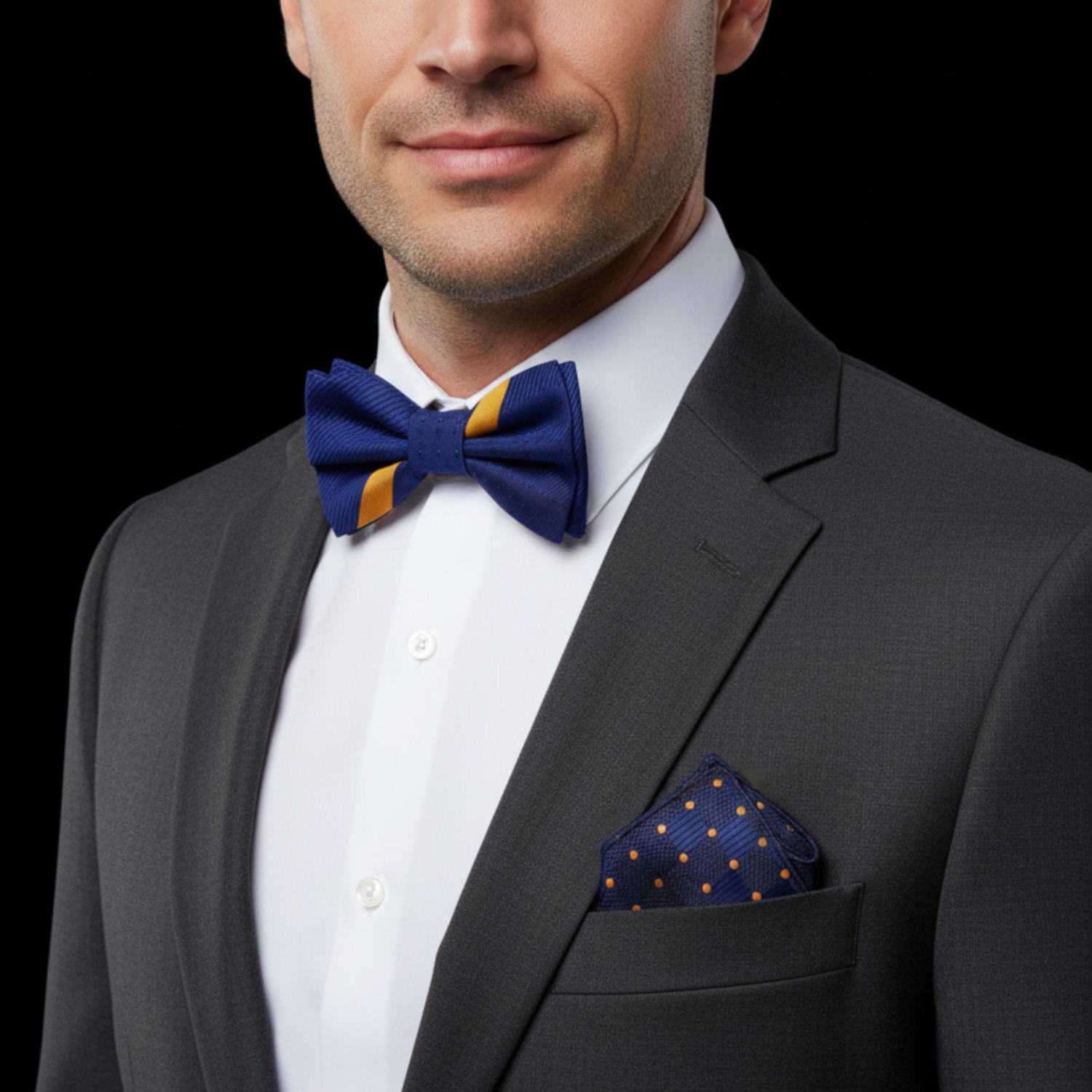 man wearing blue with gold stripe bow tie and accenting square