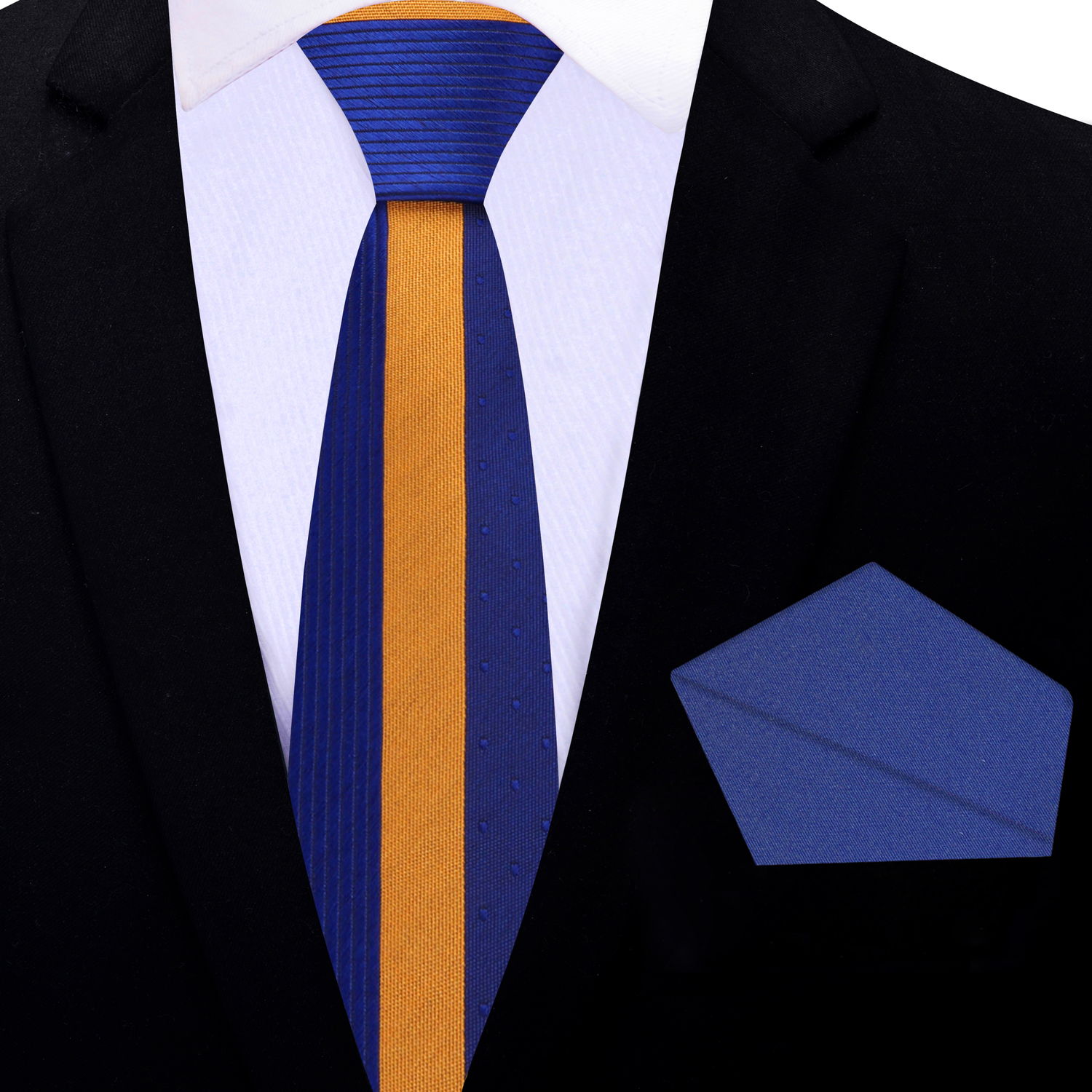 Thin Tie: Blue, Gold Lined Tie and Blue Square