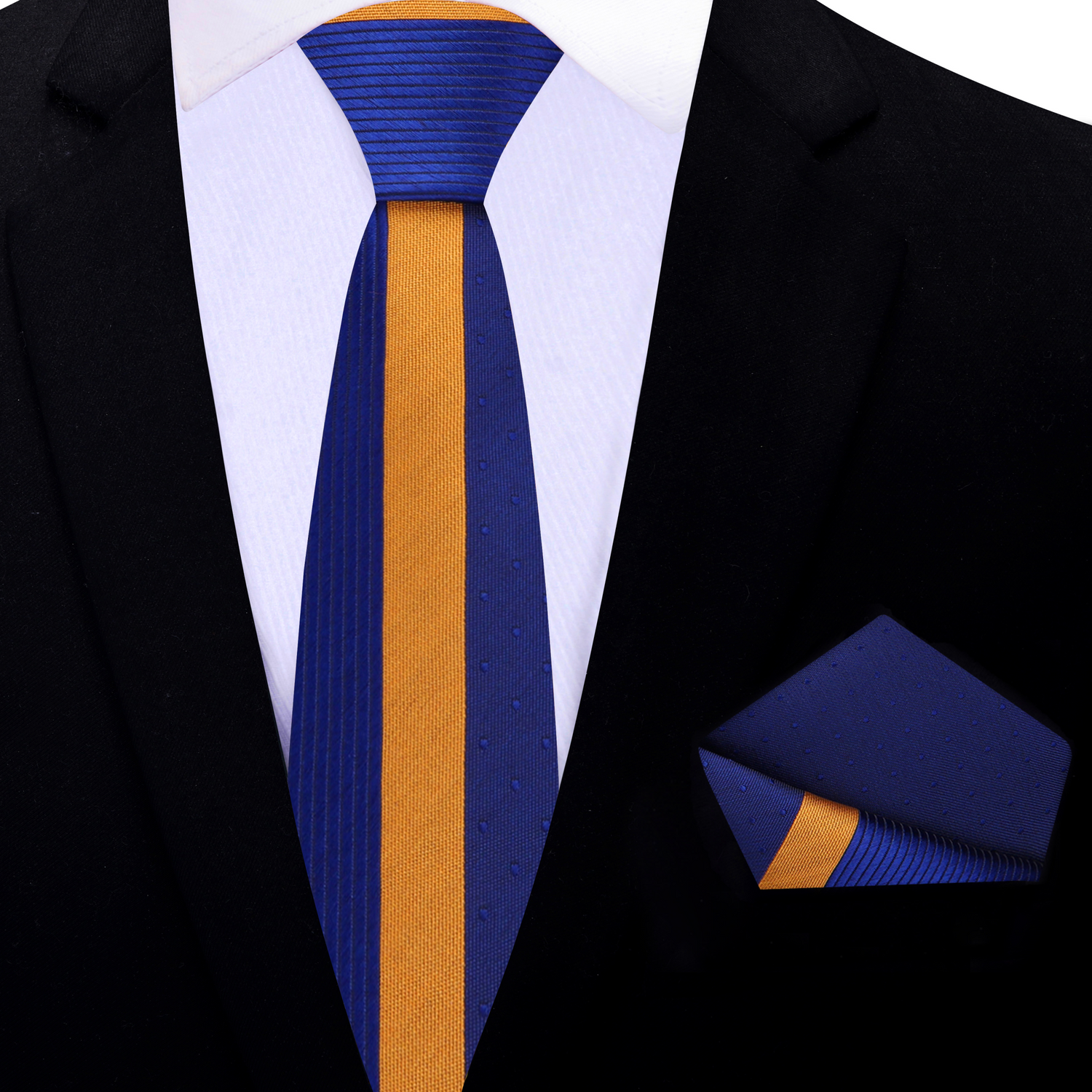 Thin Tie: Blue, Gold Lined Tie and Matching Square