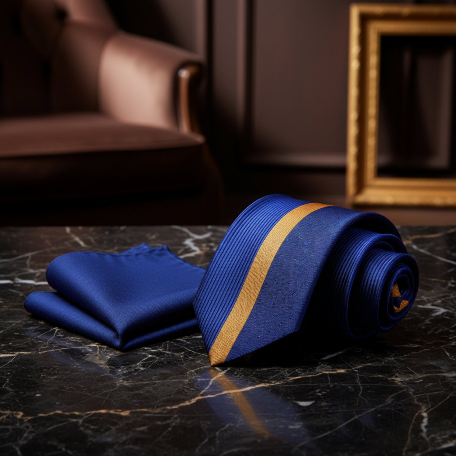 Thin Tie: Blue, Gold Lined Tie and Blue Square