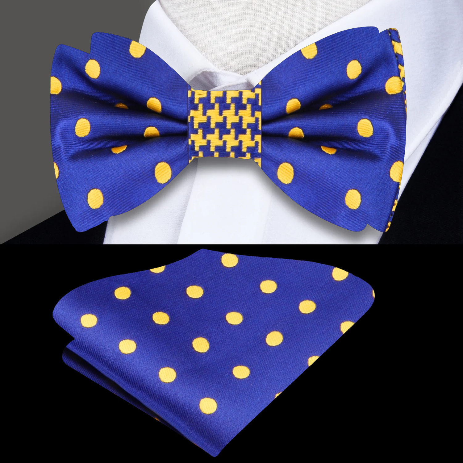 Blue, Gold Dots Bow Tie and Square