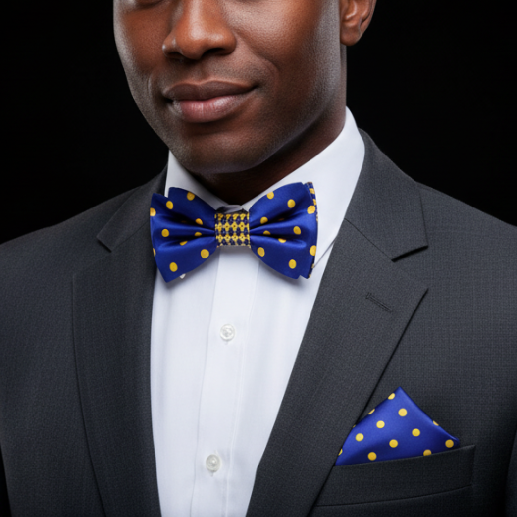 Man wearing a dark suit with a blue bow tie and matching pocket square on a black background