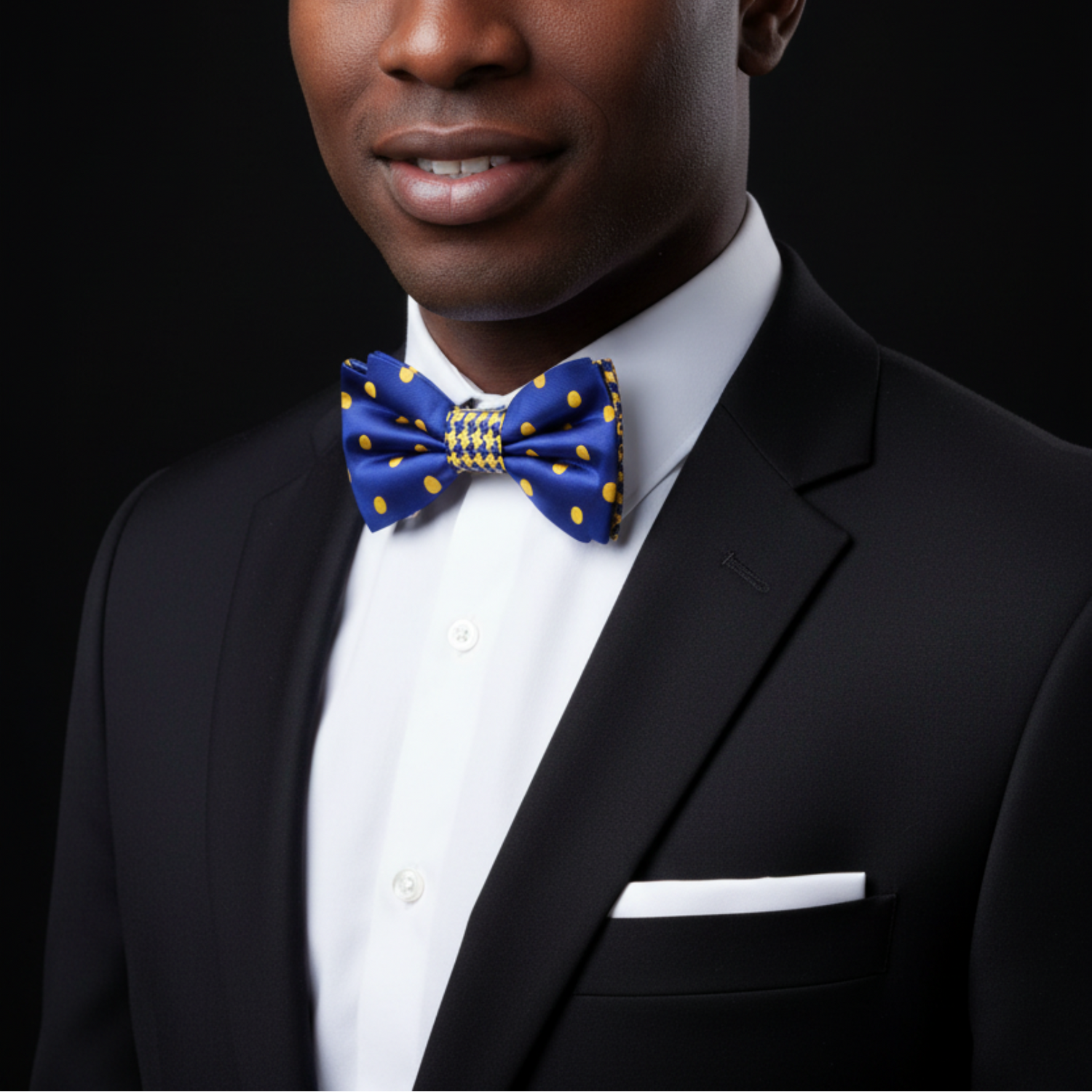 Man wearing a black suit with a blue bow tie featuring yellow polka dots on a black background