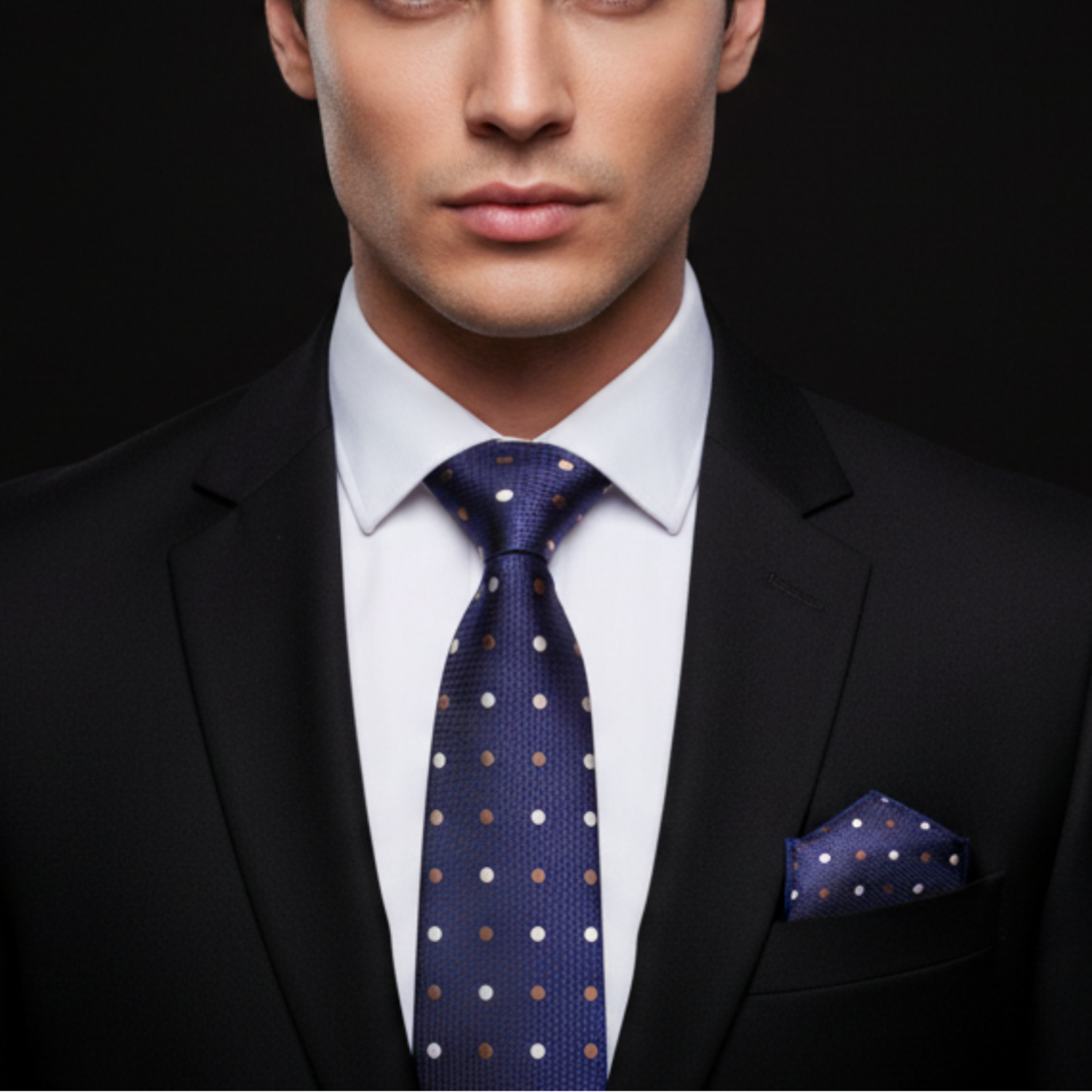 Man wearing a black suit with a white shirt, blue polka dot tie, and matching pocket square on a dark background.