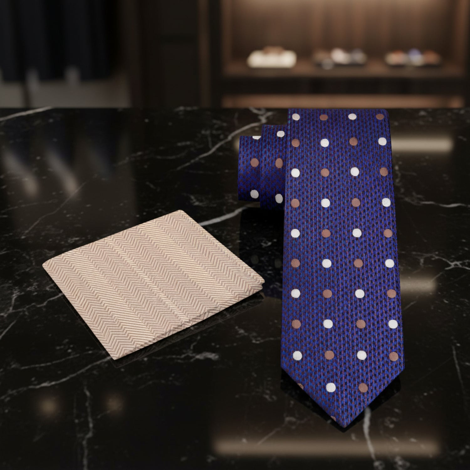 Navy tie with white and brown polka dots and beige herringbone pocket square on a white background