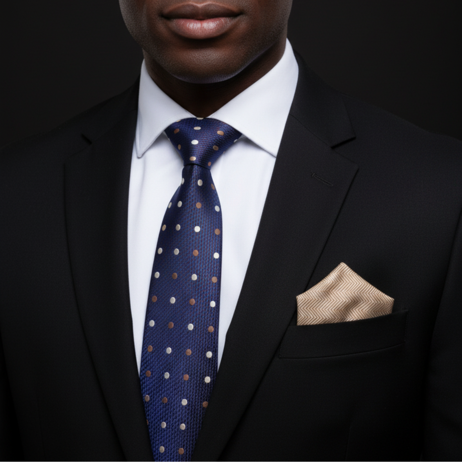 Man wearing a black suit with a blue polka dot tie and beige pocket square on a dark background
