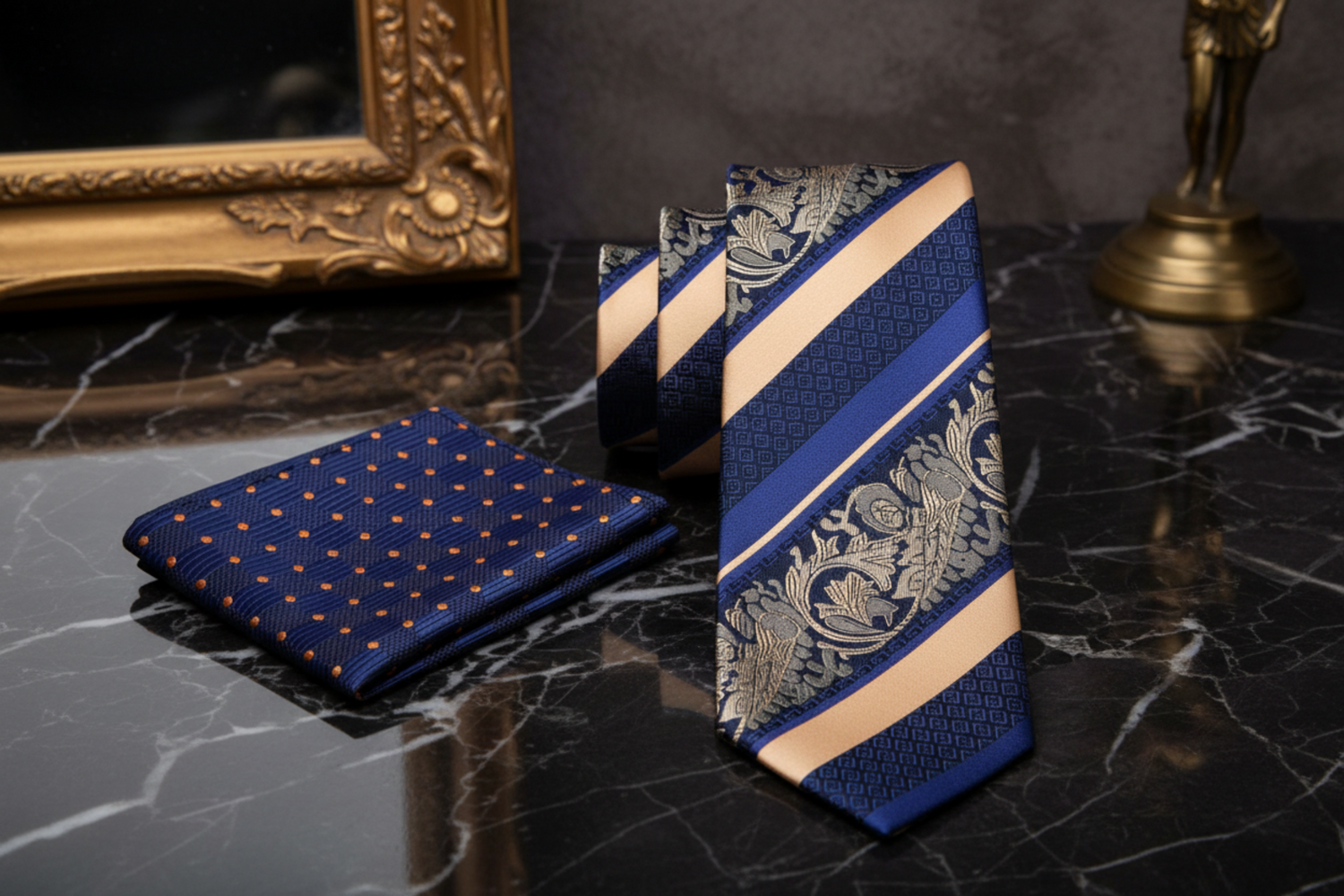 Alt Blue and Yellow Gold Stripe and Floral Necktie and Accenting Square