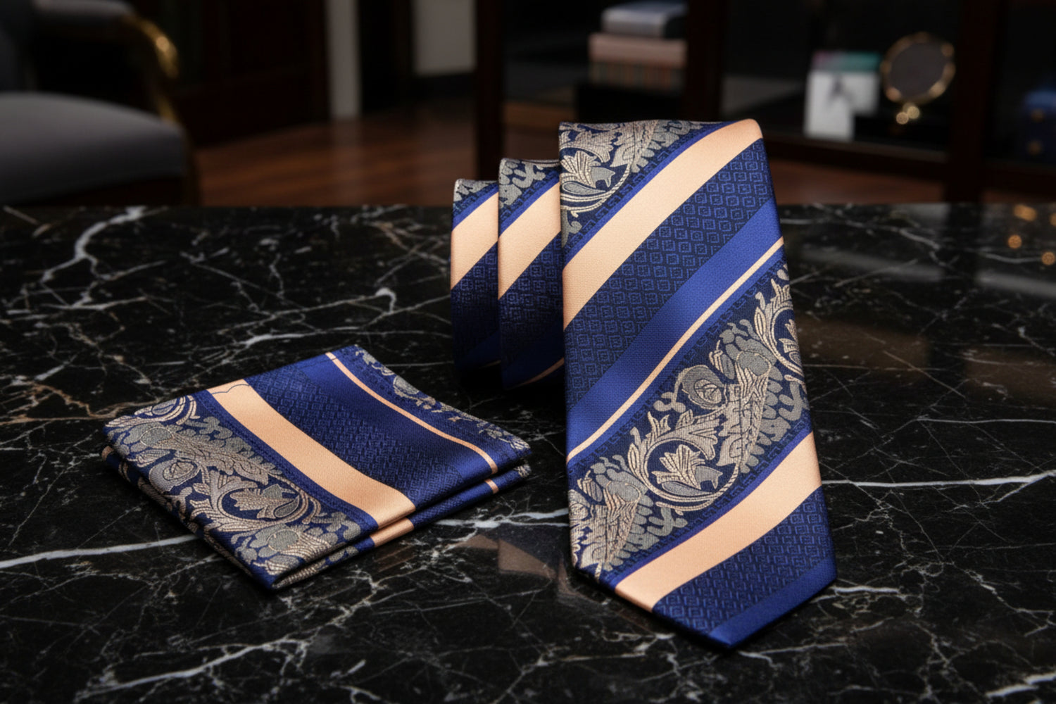 Alt Blue and Yellow Gold Stripe Tie and Square