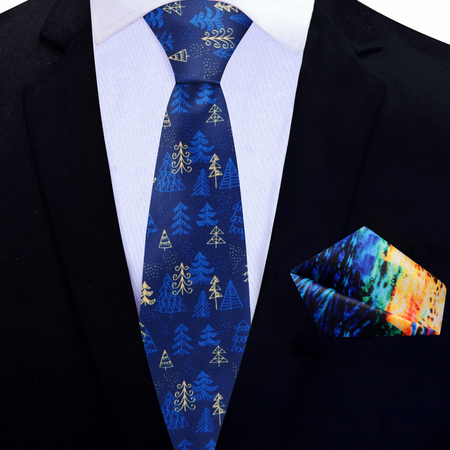 Thin Blue Gold Christmas Trees Necktie and Abstract Pocket Square