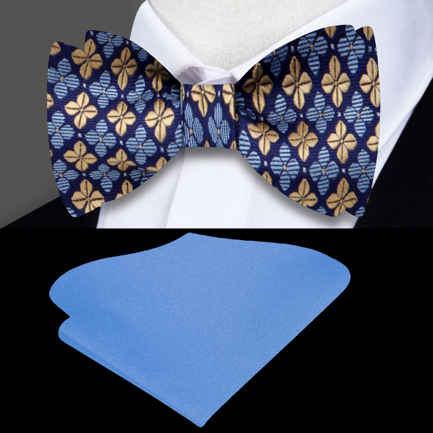 A Light Blue, Gold Geometric Clover Pattern Self Tie Bow Tie, Blue Pocket Square