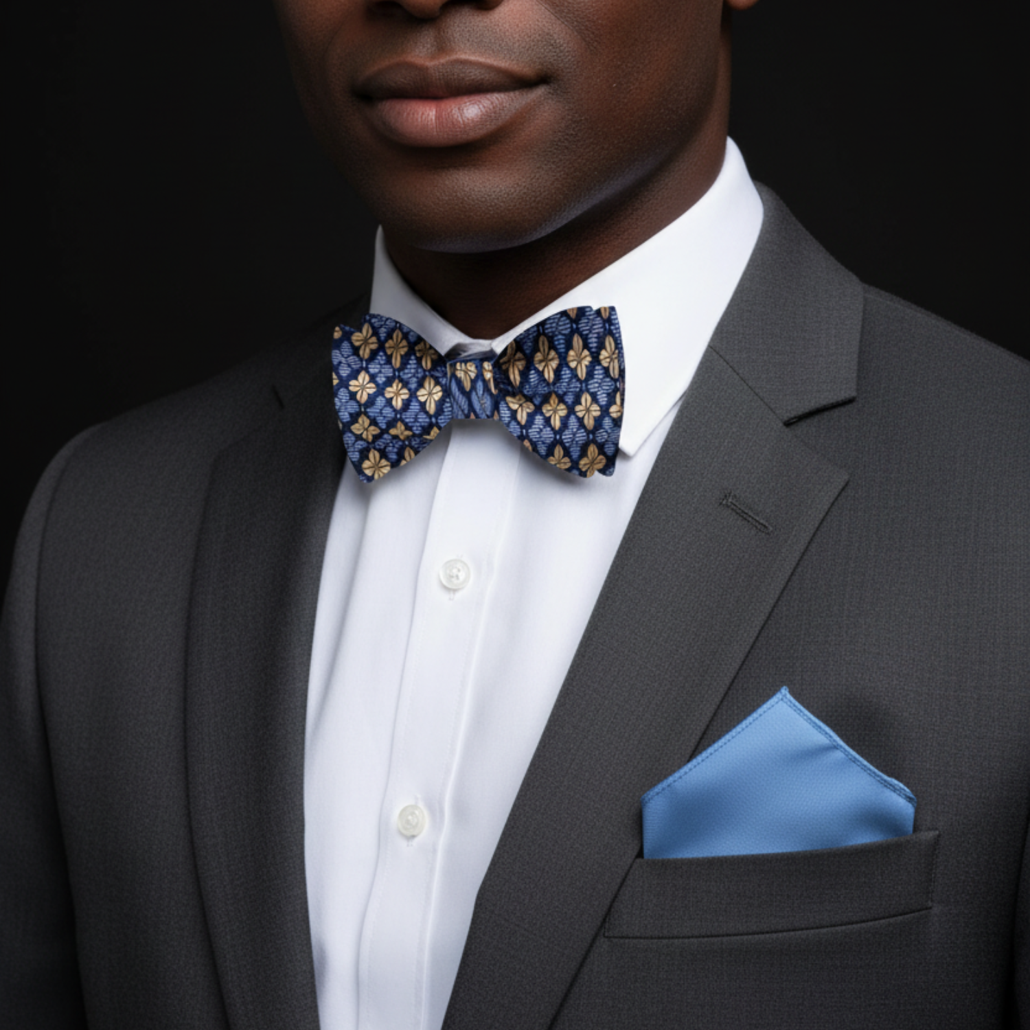 Geometric Clovers Self-Tie Bow Tie | Light Blue with Gold or Light Red