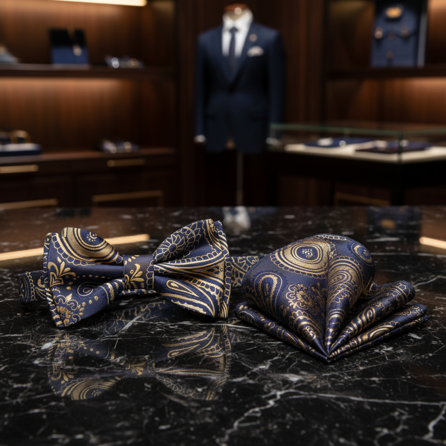 Blue, Gold Paisley Bow Tie and Square