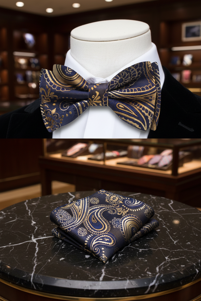 A Blue, Gold Color Paisley Pattern Kids Pre-Tied Bow Tie, Matching Pocket Square