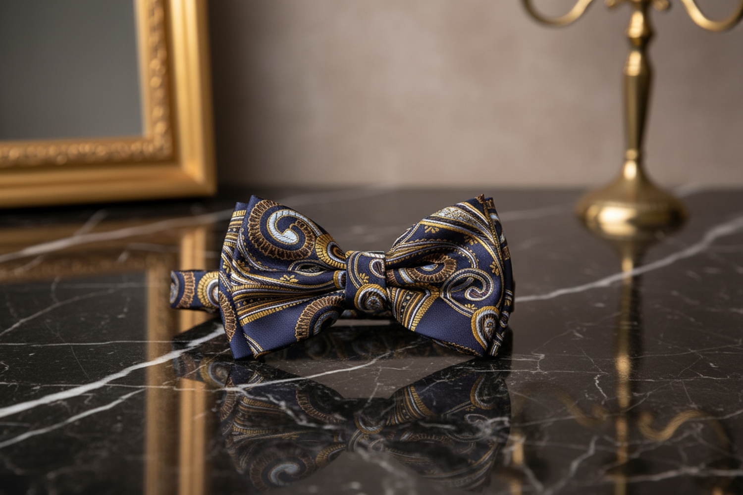 Pre Tied Blue and Gold Paisley Bow Tie