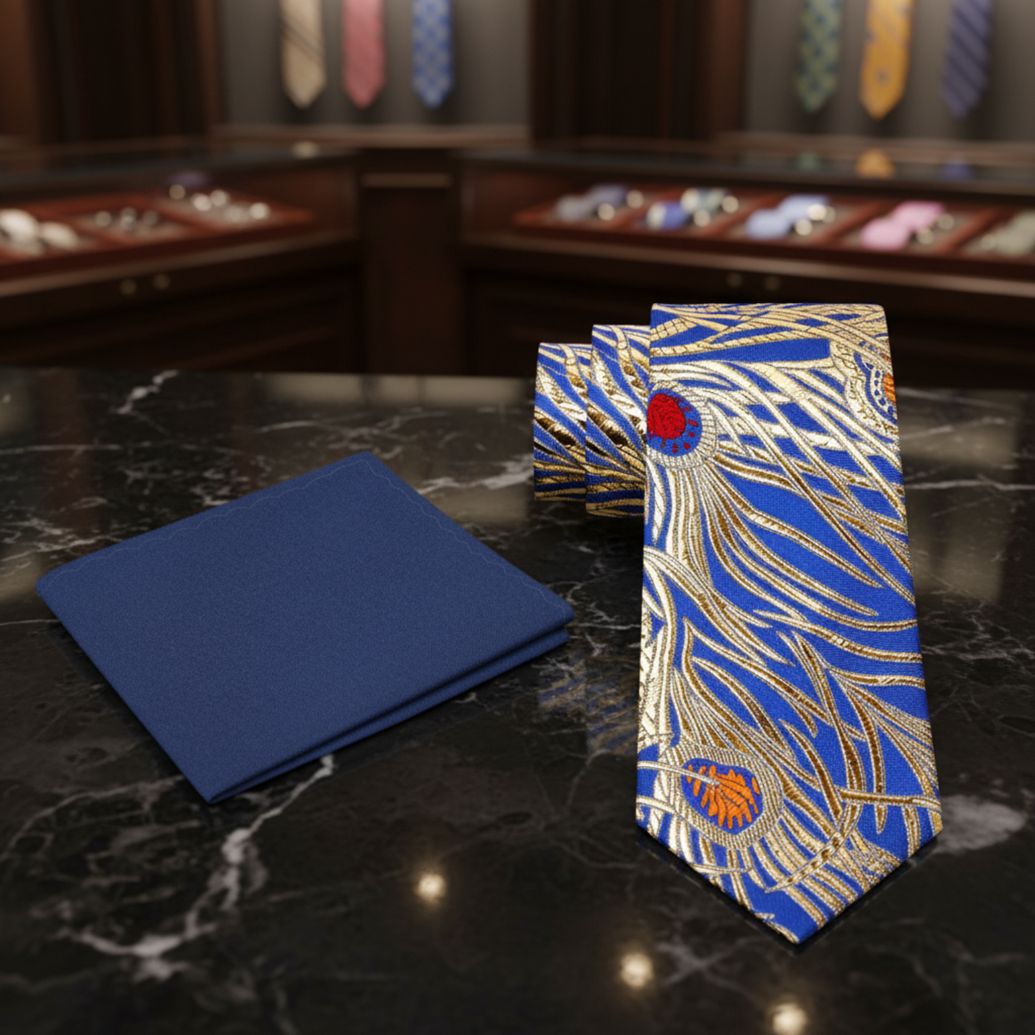 Alt Premium A Bright Blue With Metallic Gold, Blue, Red And Orange Color Abstract Peacock Pattern Necktie, Blue Pocket Square