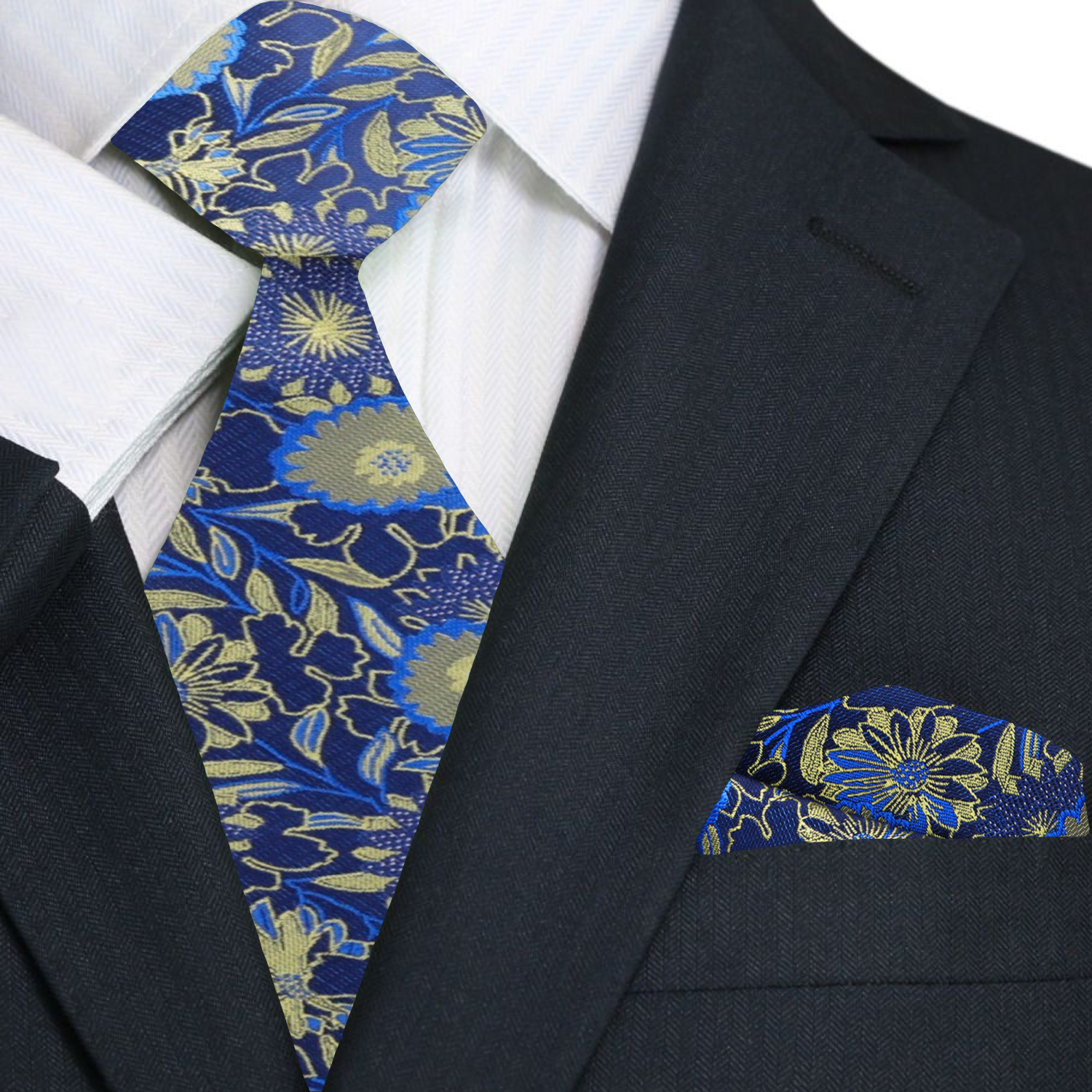 Main Blue, Light Gold Flowers Tie and Square