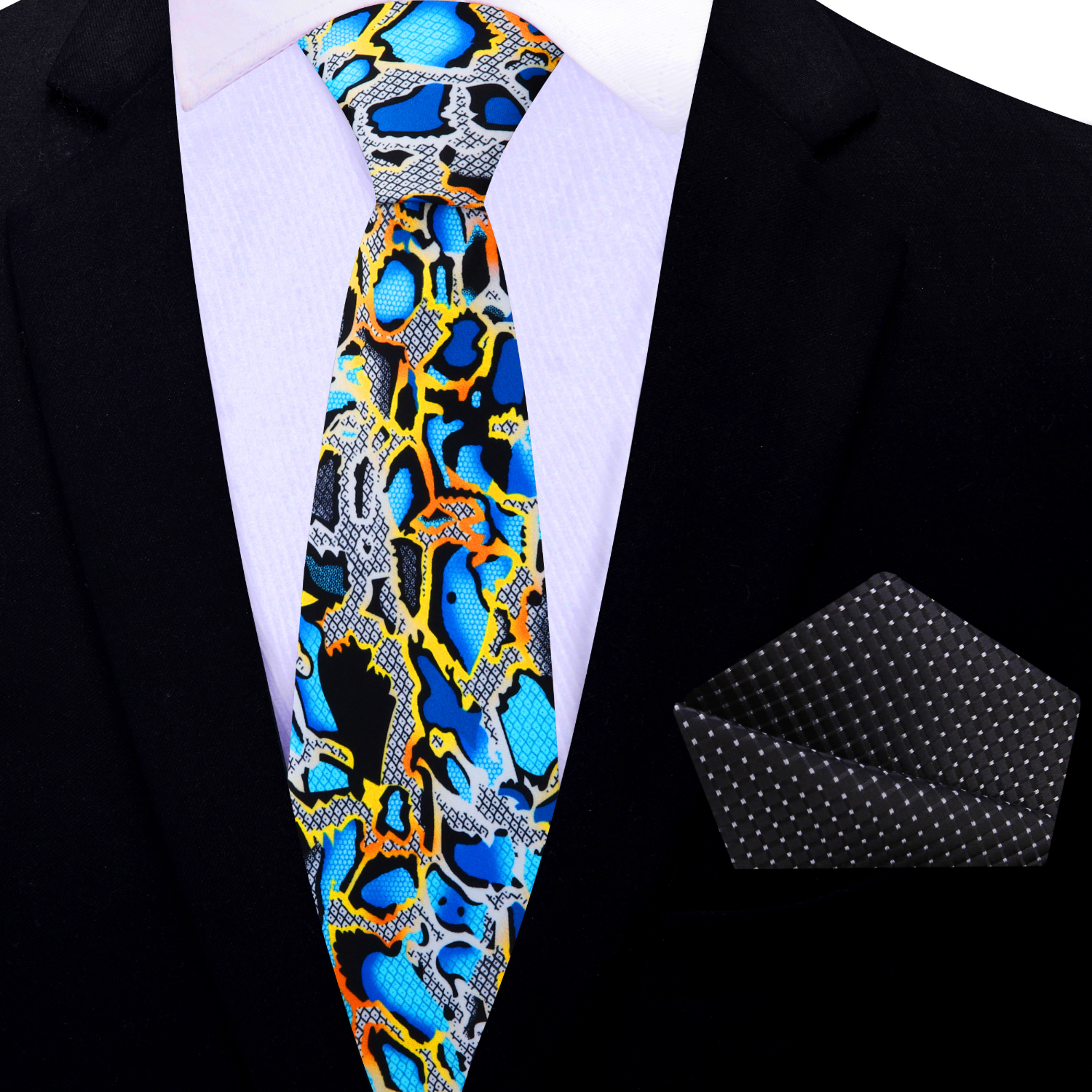 Thin Tie: Blue Gold Snakeskin Tie and Black Check Square