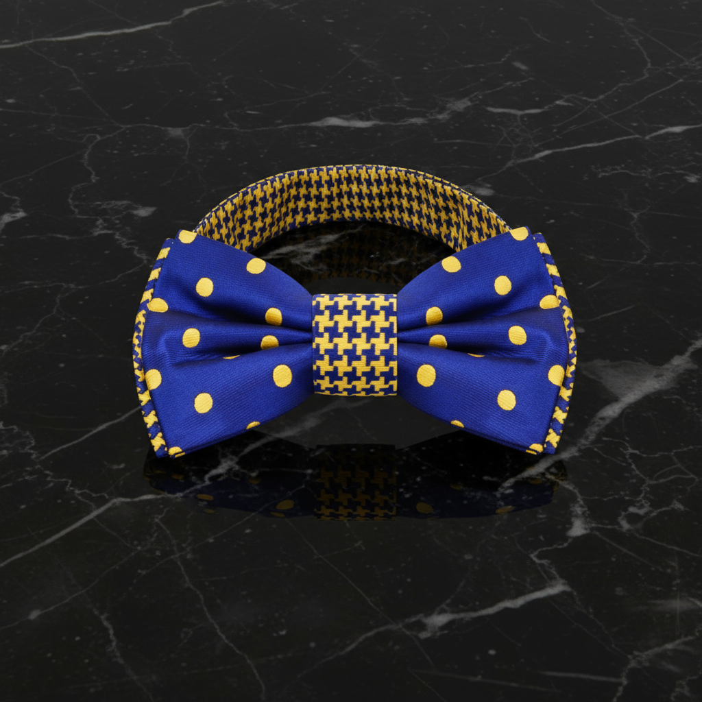Blue, Gold Polka and Hounds Bow Tie Pre Tied