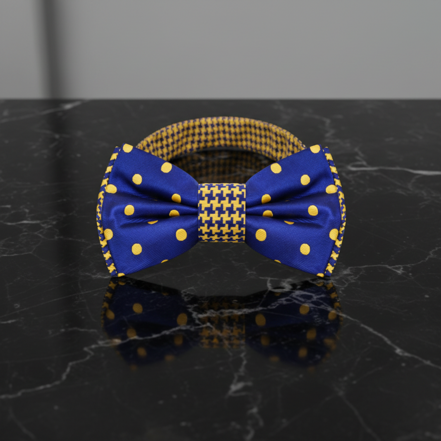 Blue, Gold Hounds Tooth and Polka Bow Tie Pre Tied