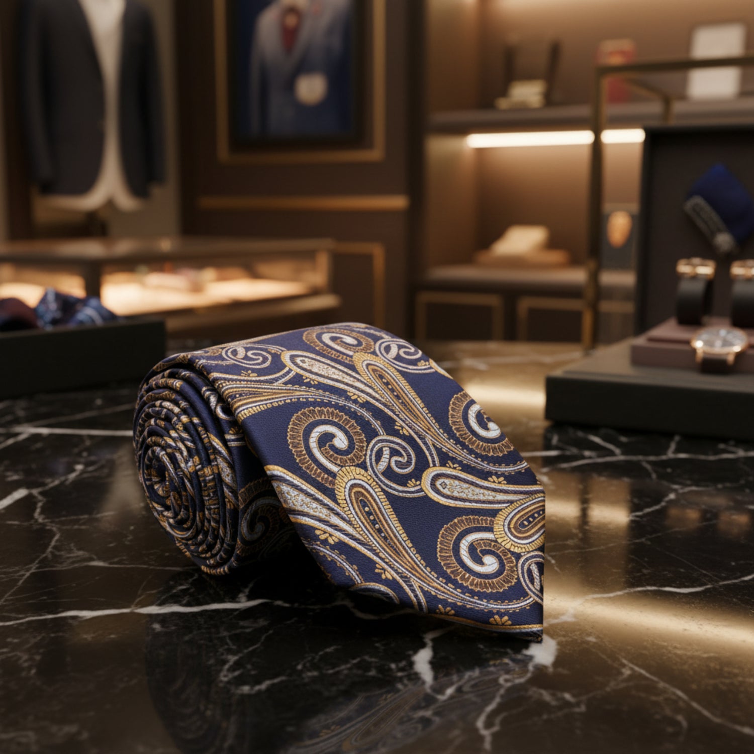 Navy blue tie with gold and white paisley pattern 