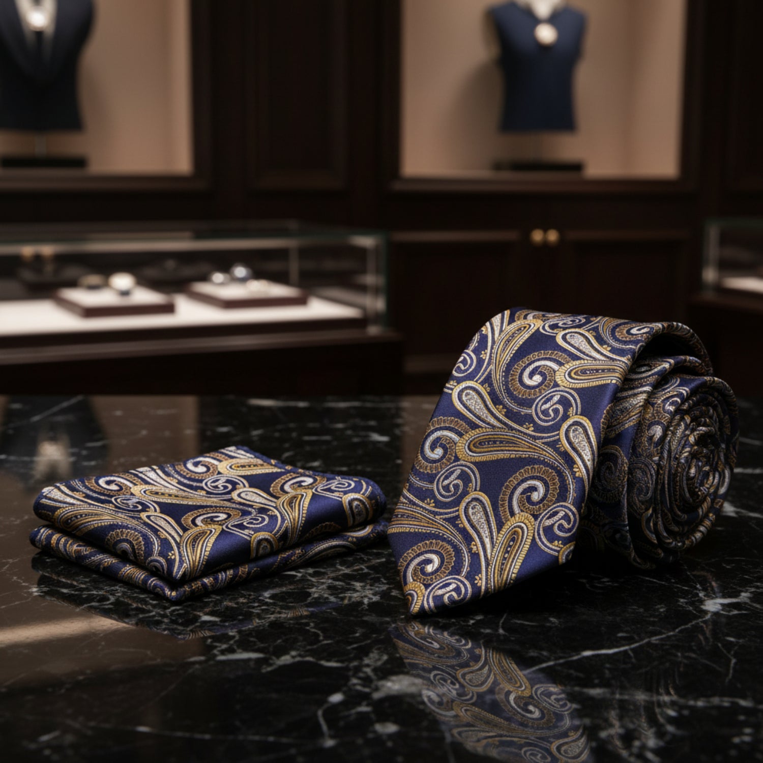 Navy blue tie with gold and white paisley pattern and matching pocket square 