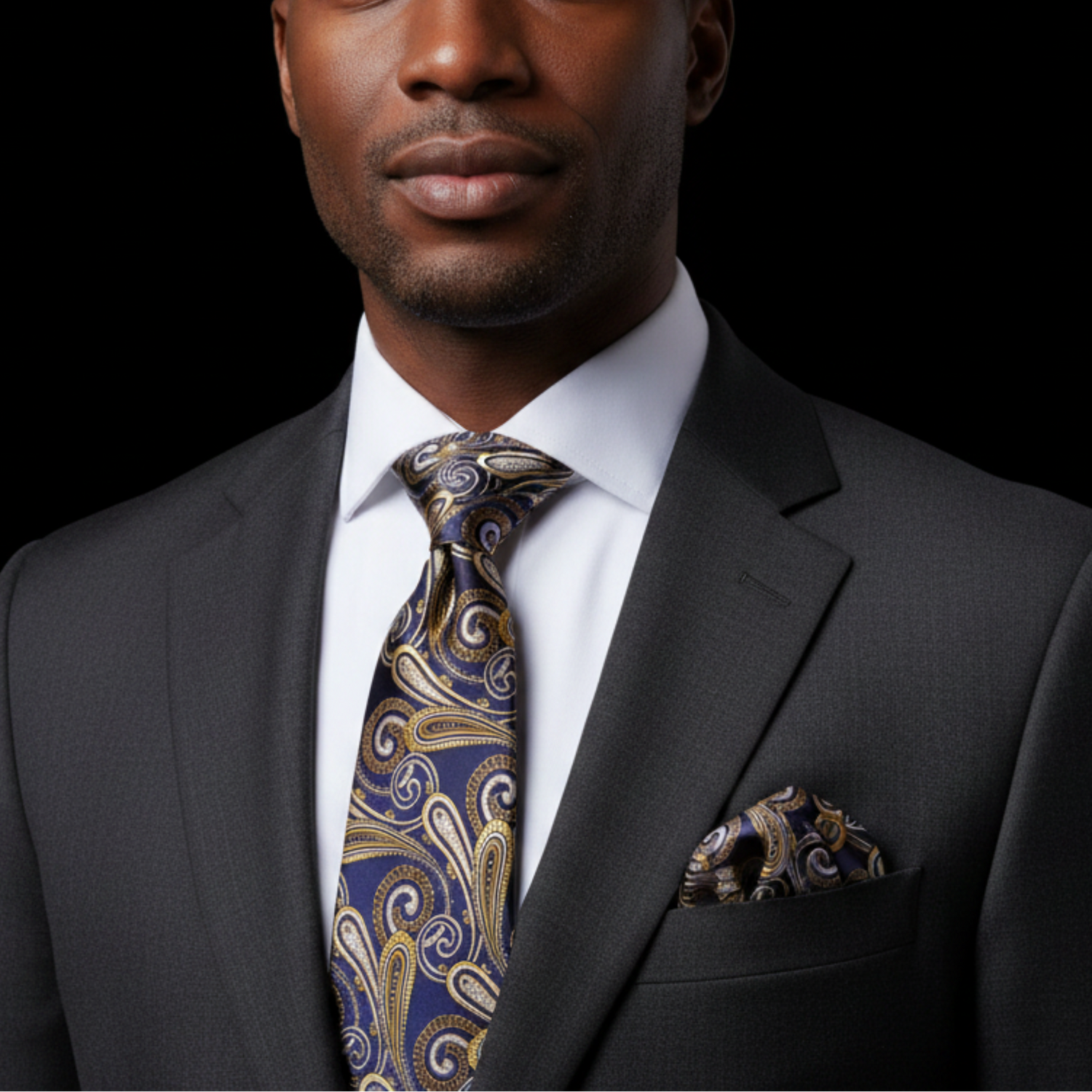 Man wearing a dark gray suit with a patterned tie and pocket square on a black background