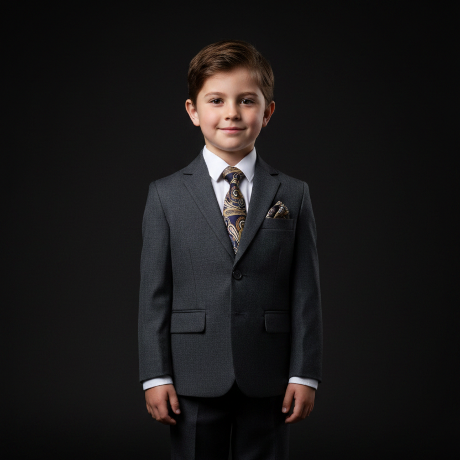 Young boy in a formal gray suit with a patterned tie against a black background