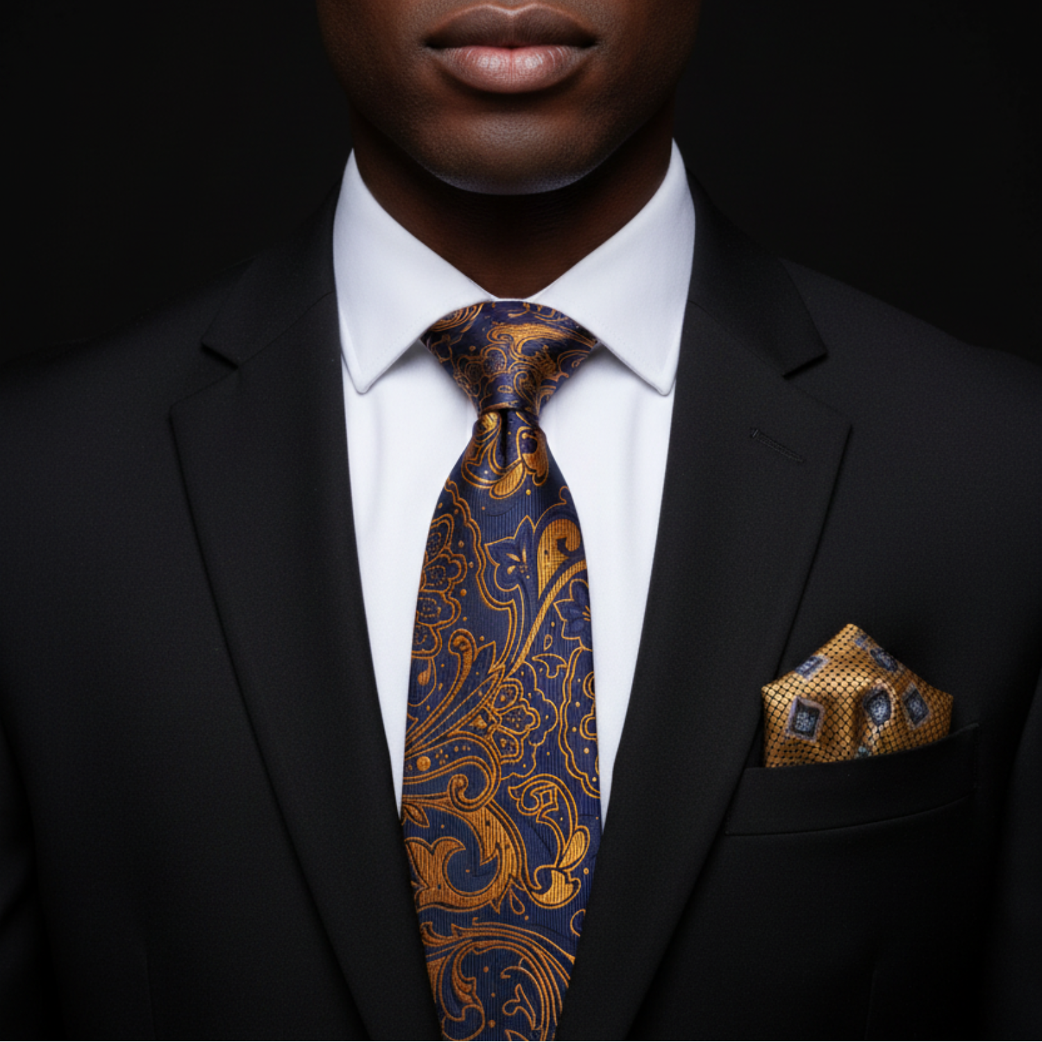Man wearing a black suit with a patterned blue and gold tie and pocket square.