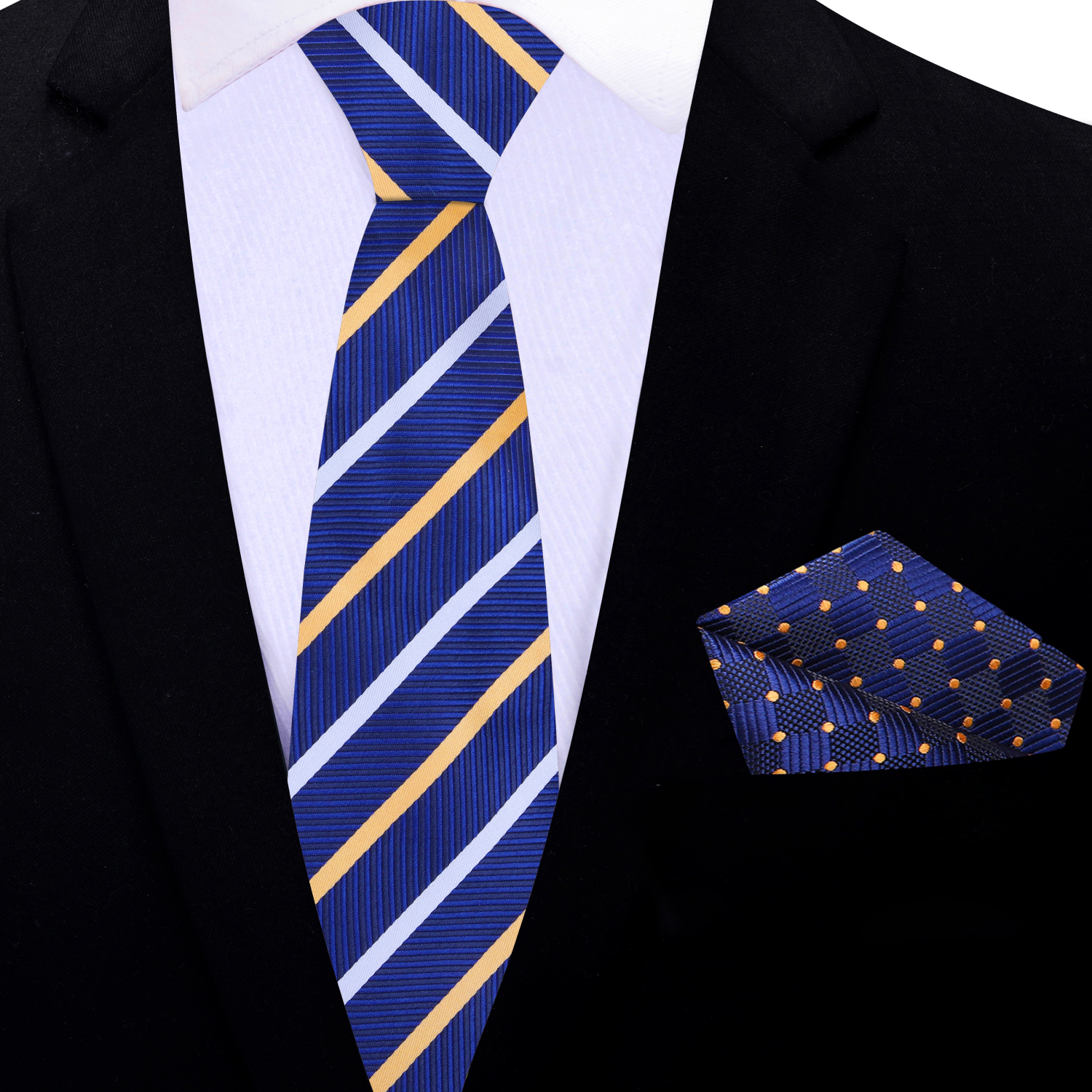 Thin Blue, Yellow, White, Stripe Tie and Accenting Square