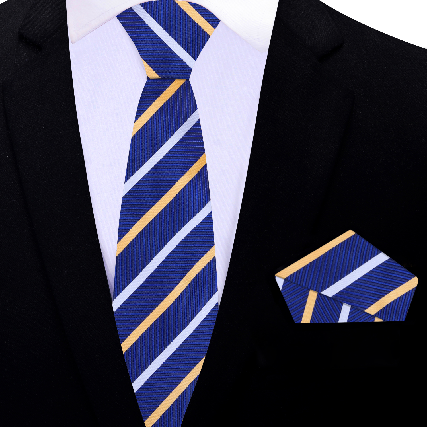 Thin Blue, Yellow, White, Stripe Tie and Square