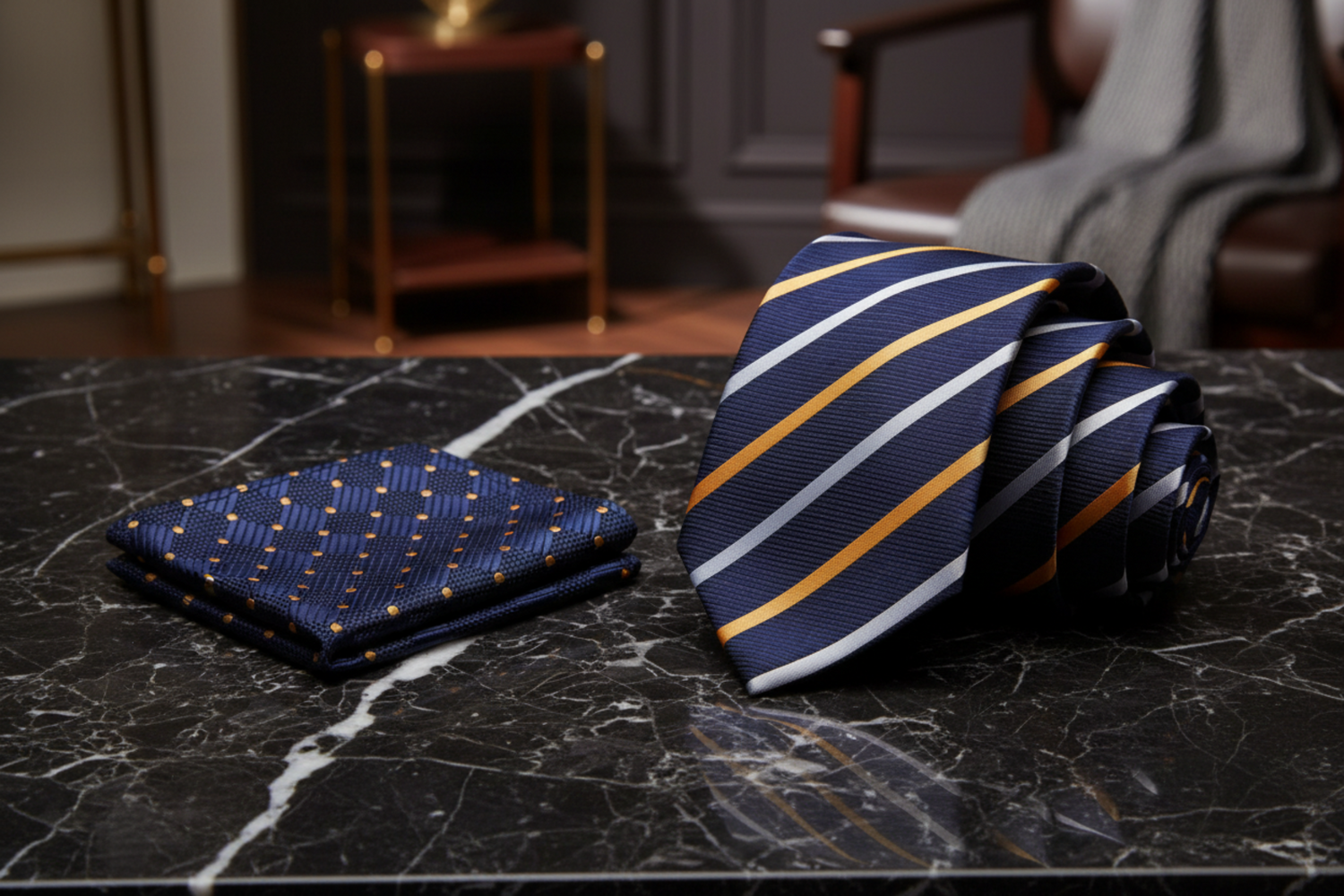 Alt View: Blue Gold White Stripe Tie with Blue Gold Dot Square