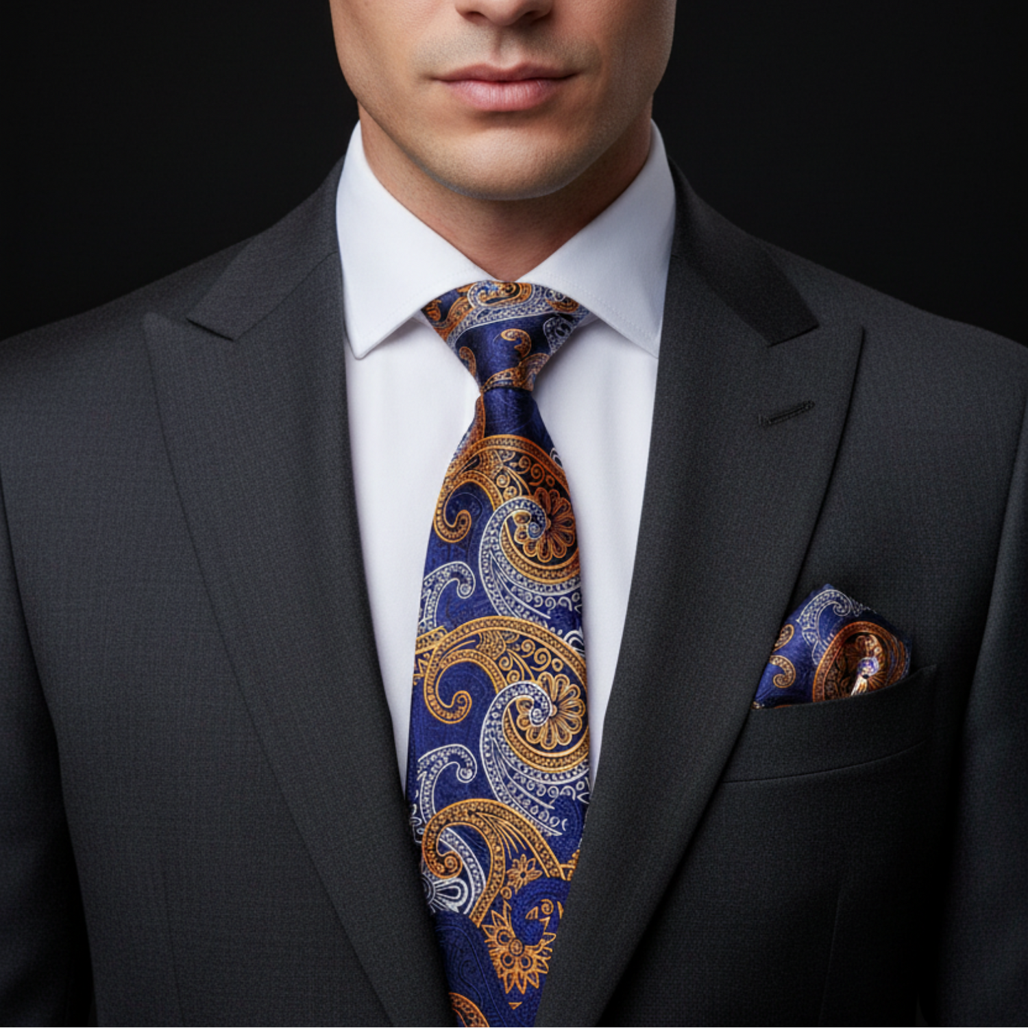 Man wearing blue, gold and white paisley tie and square