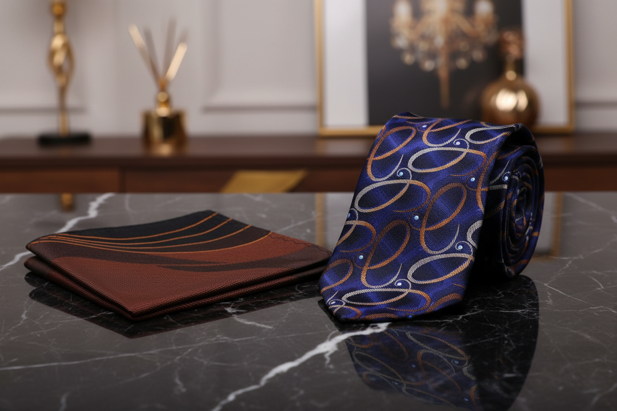 Alt A Dark Blue, Gold, Looped Paisley Pattern Necktie, Brown Pocket Square