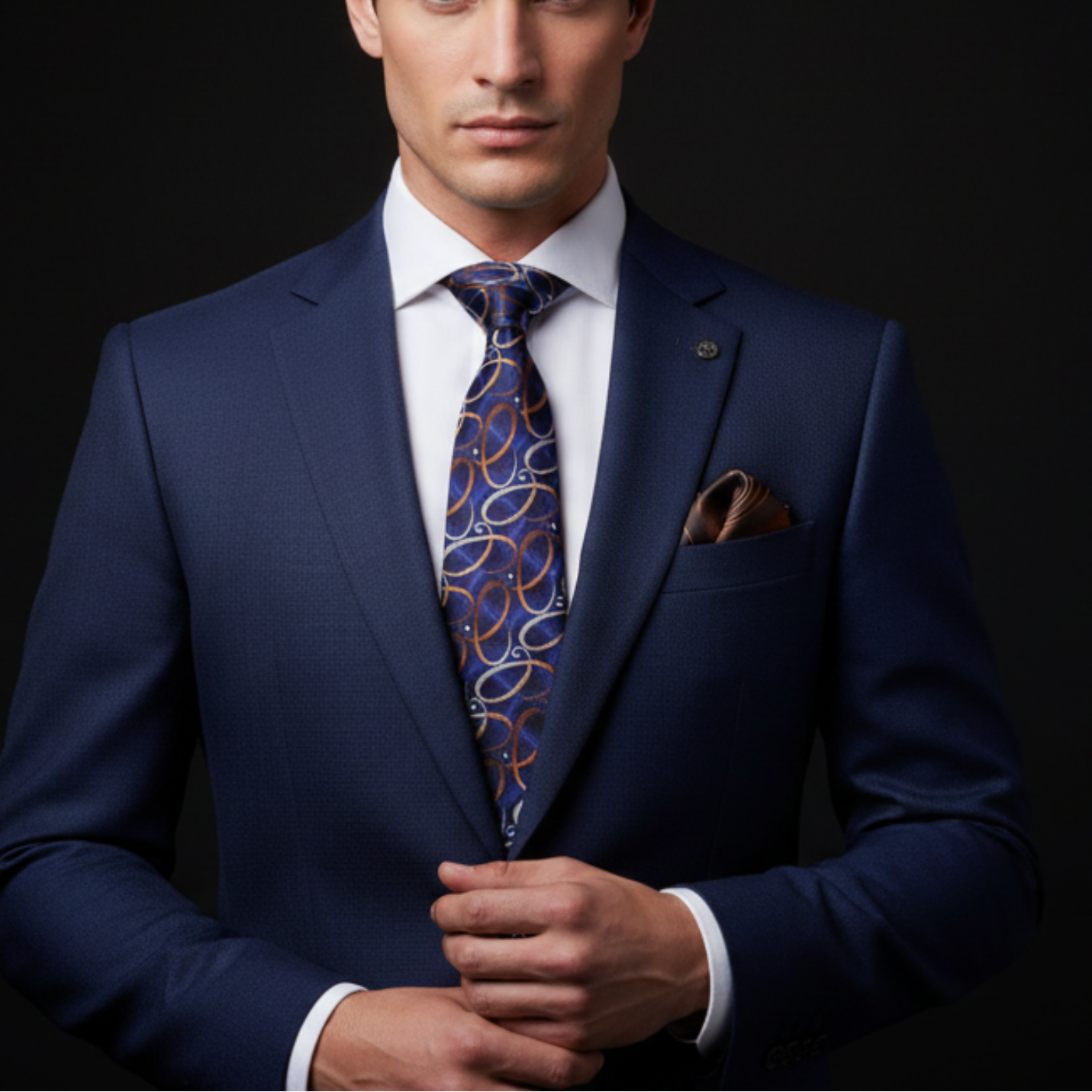 Man wearing a navy suit with a patterned tie against a black background