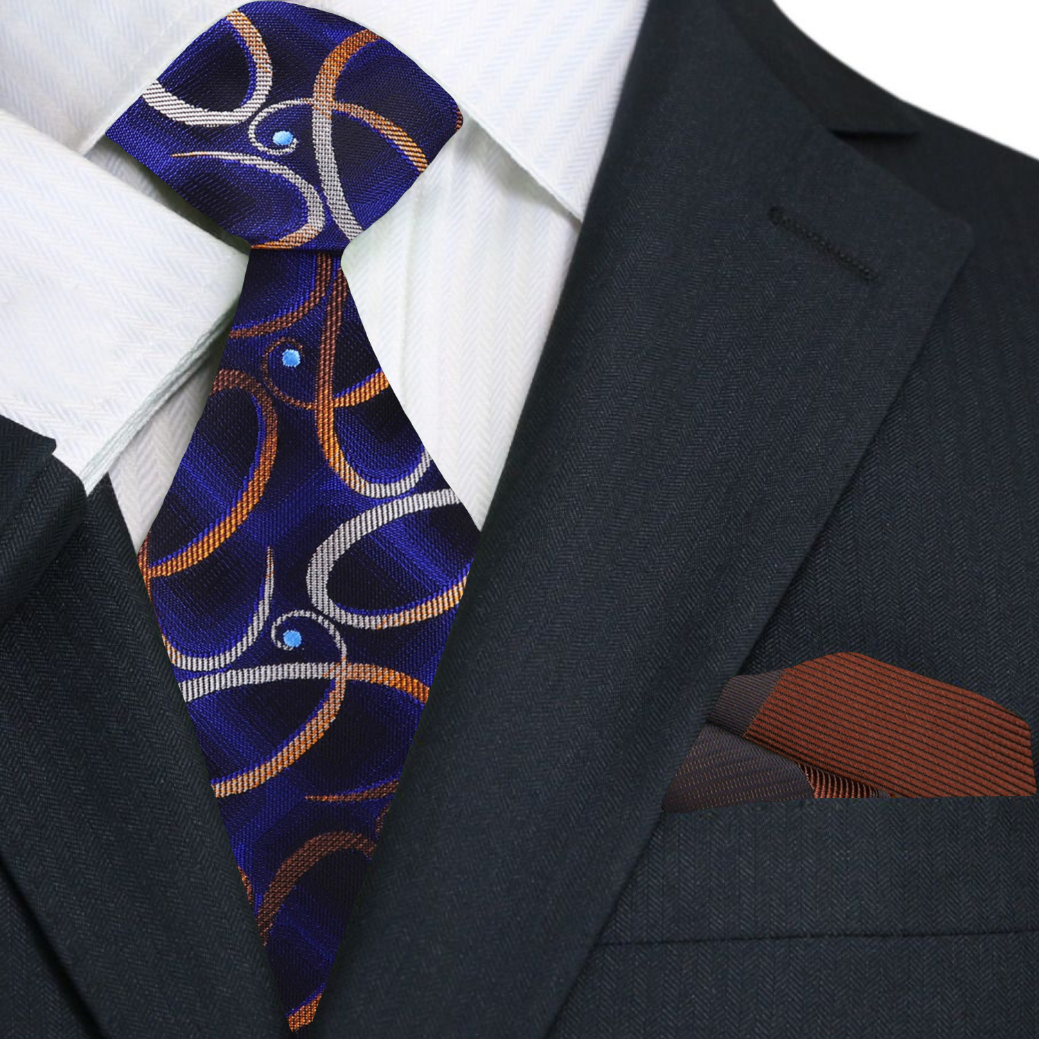A Dark Blue, Gold, Looped Paisley Pattern Silk Necktie, Brown Pocket Square