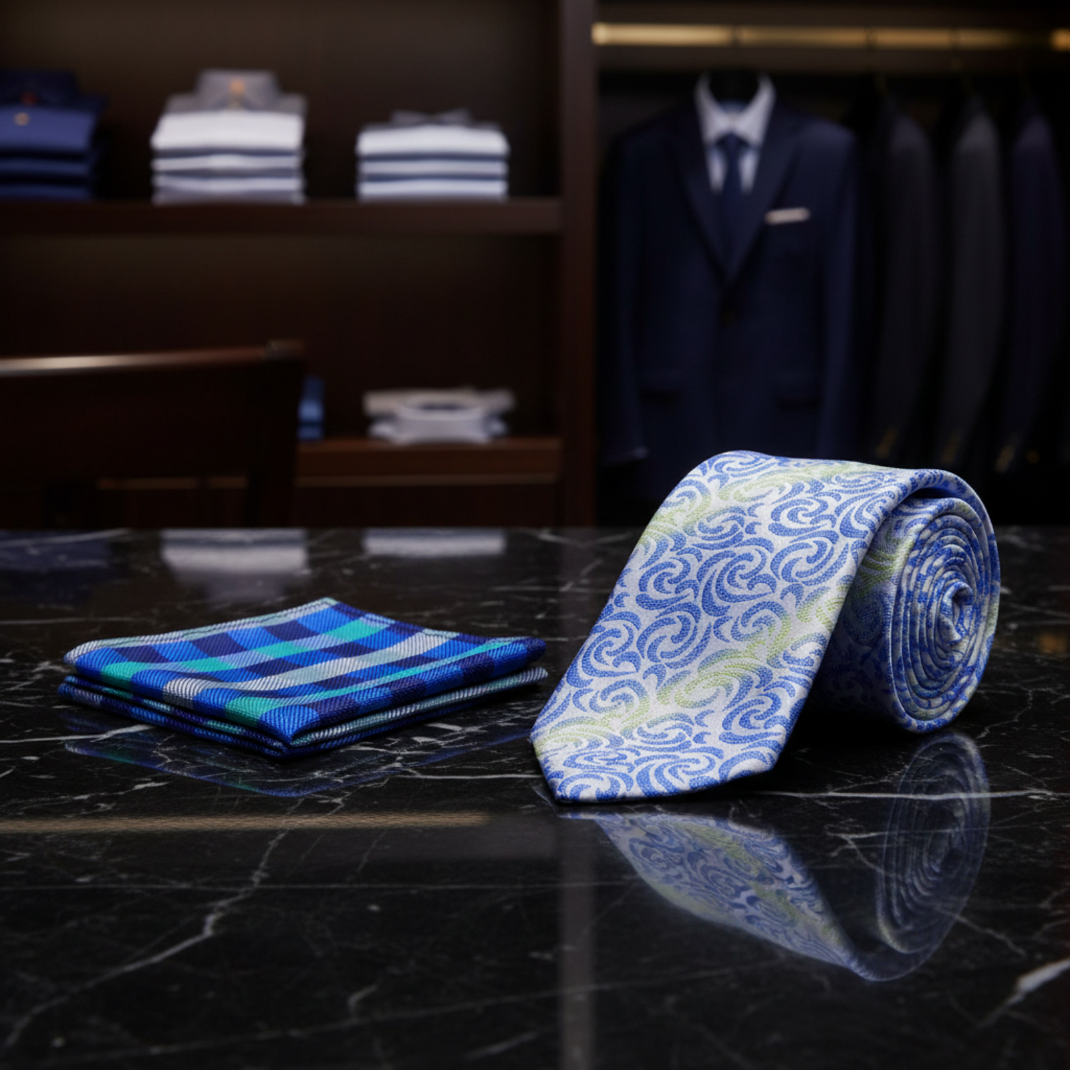 Blue and green checkered pocket square and patterned tie on a white background
