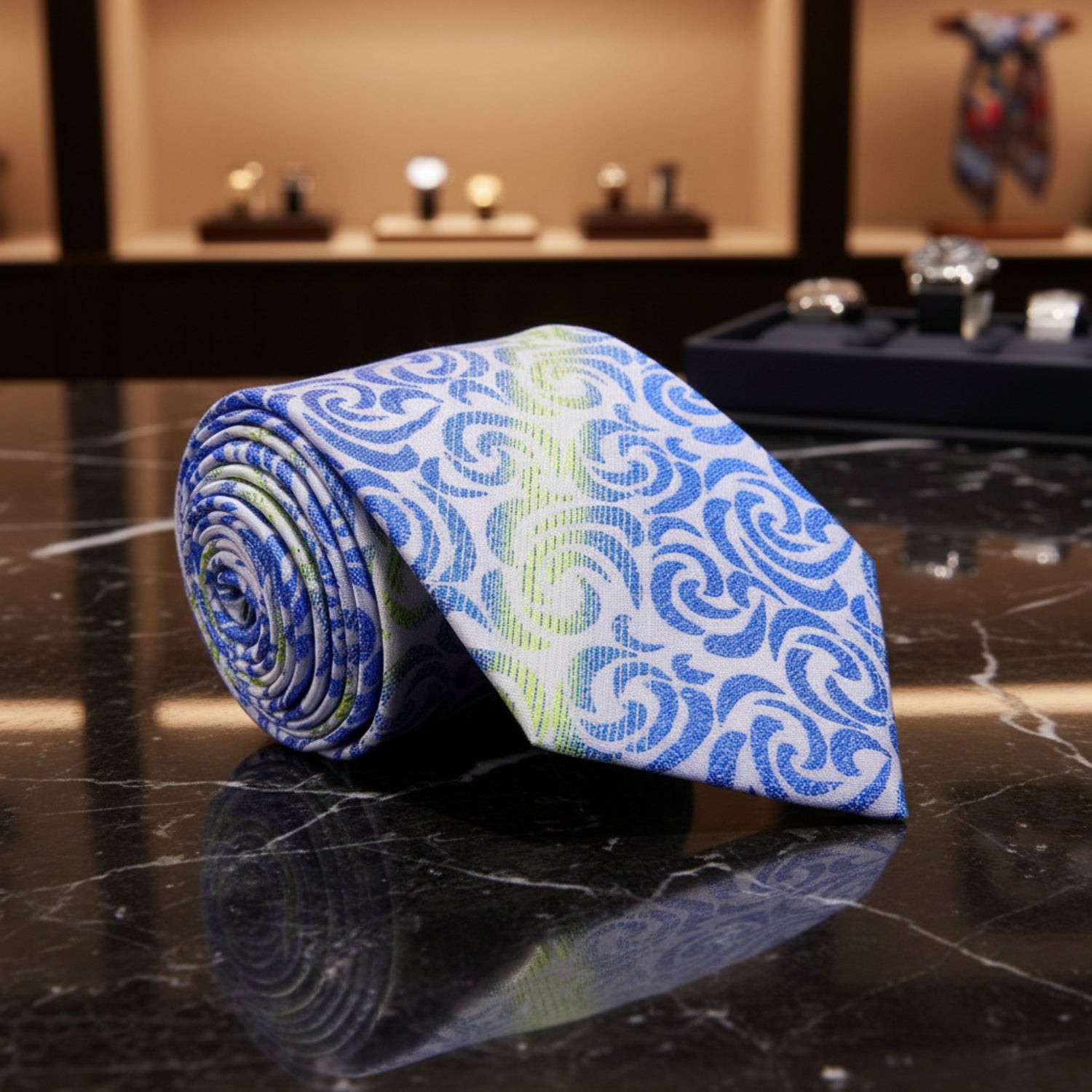 Roll of fabric with blue and green pattern on a white background