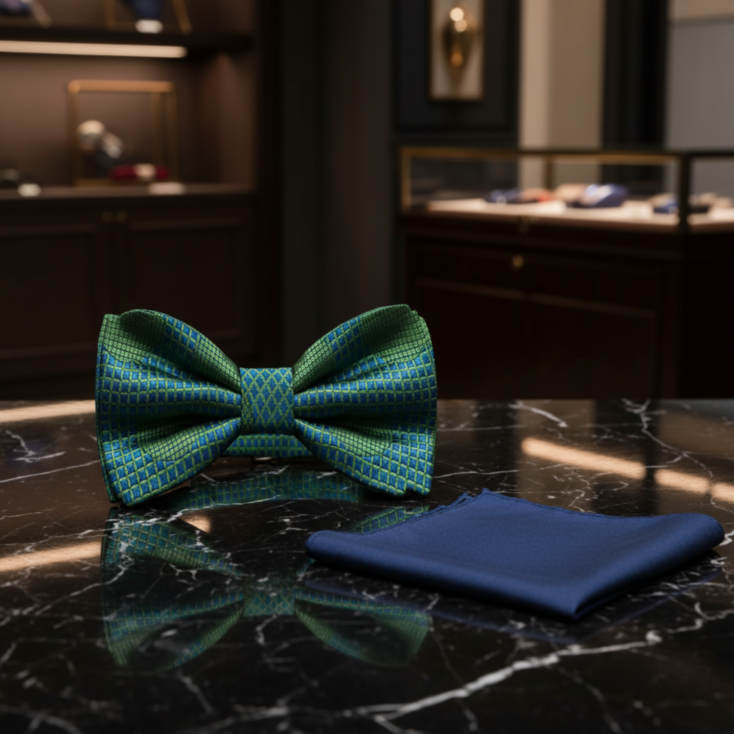 Green Blue Polka Bow Tie and Blue Square