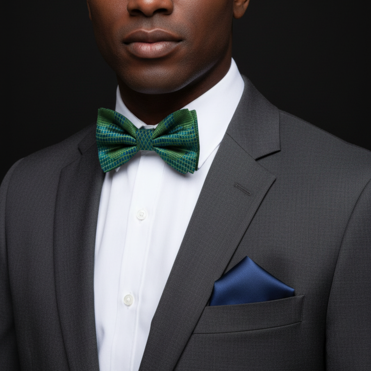 Man wearing a black suit with a green bow tie and blue pocket square on a black background