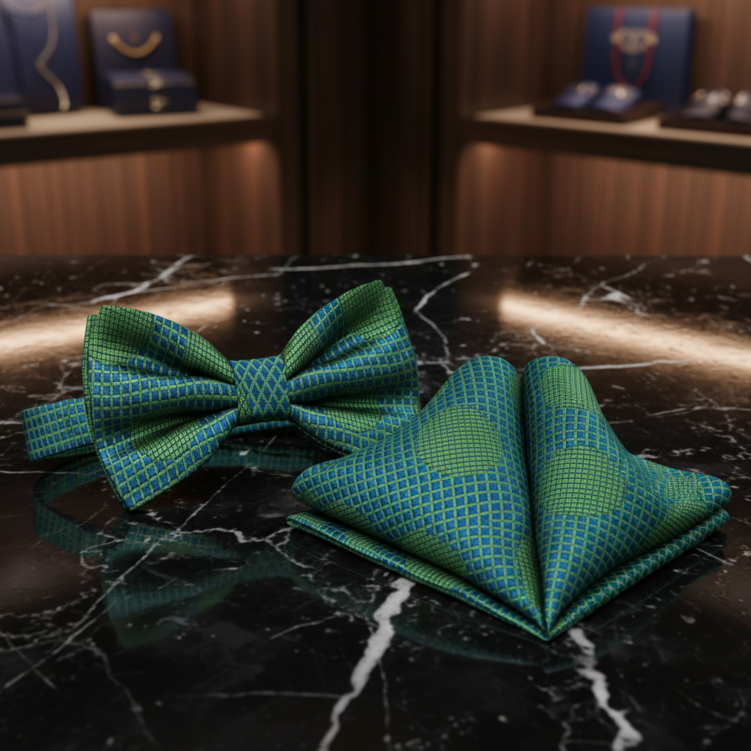 Green Blue Polka Bow Tie and Matching Square