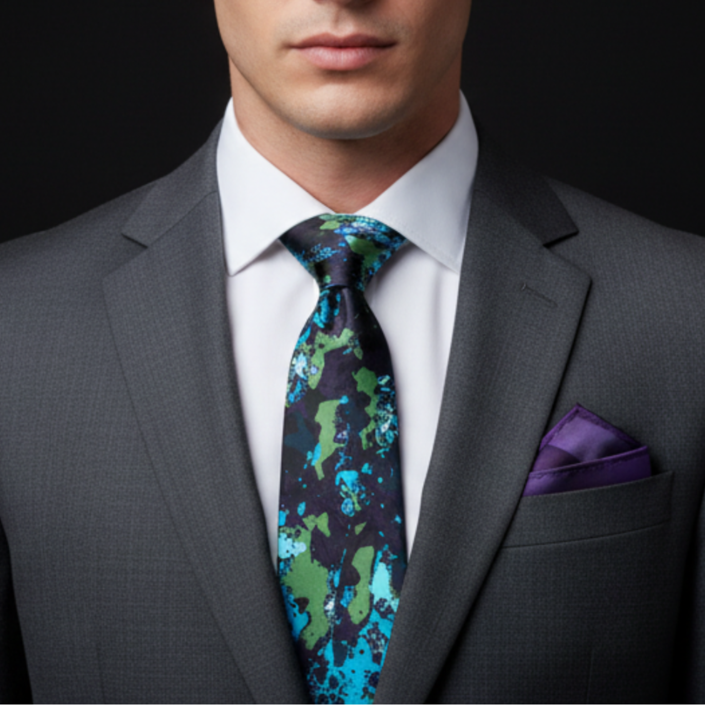 Man wearing a gray suit with a colorful tie and purple pocket square on a black background