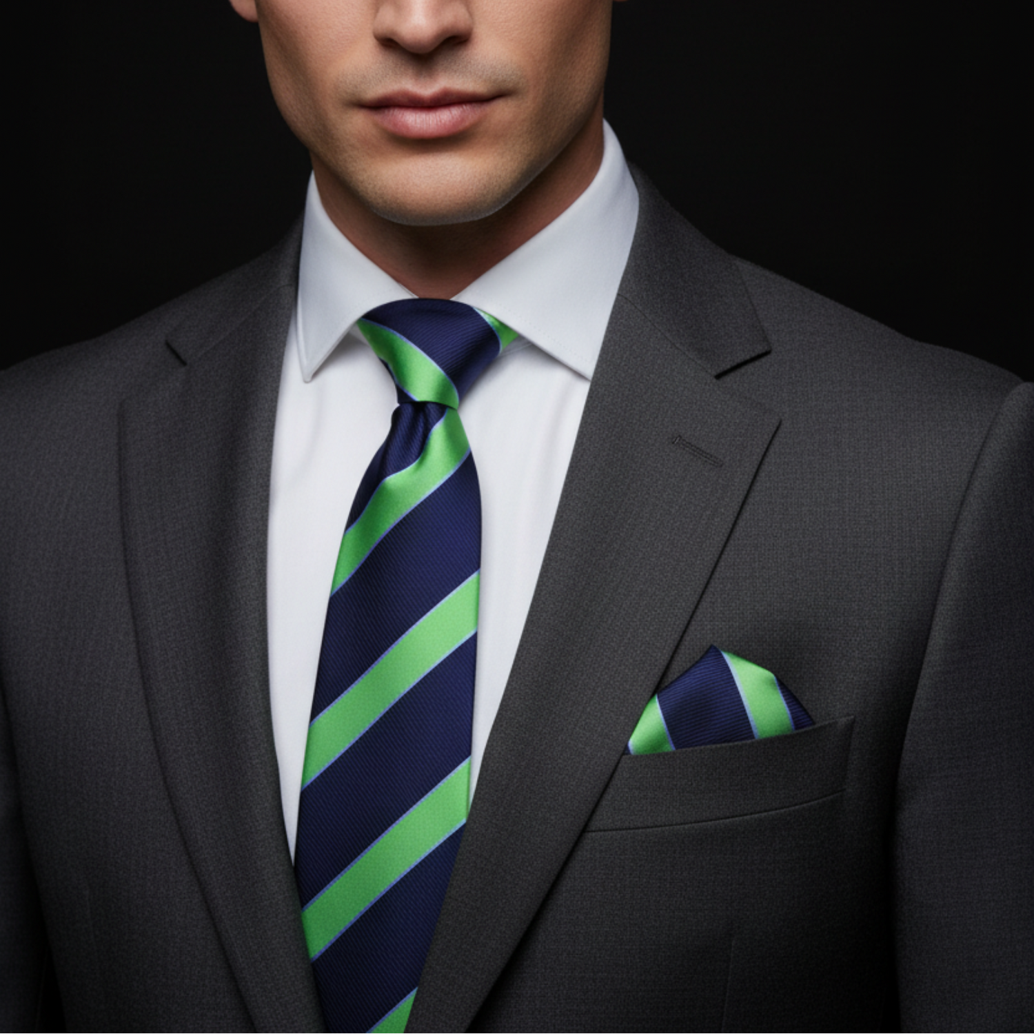 Blue and Green Stripe Tie and Square on Man