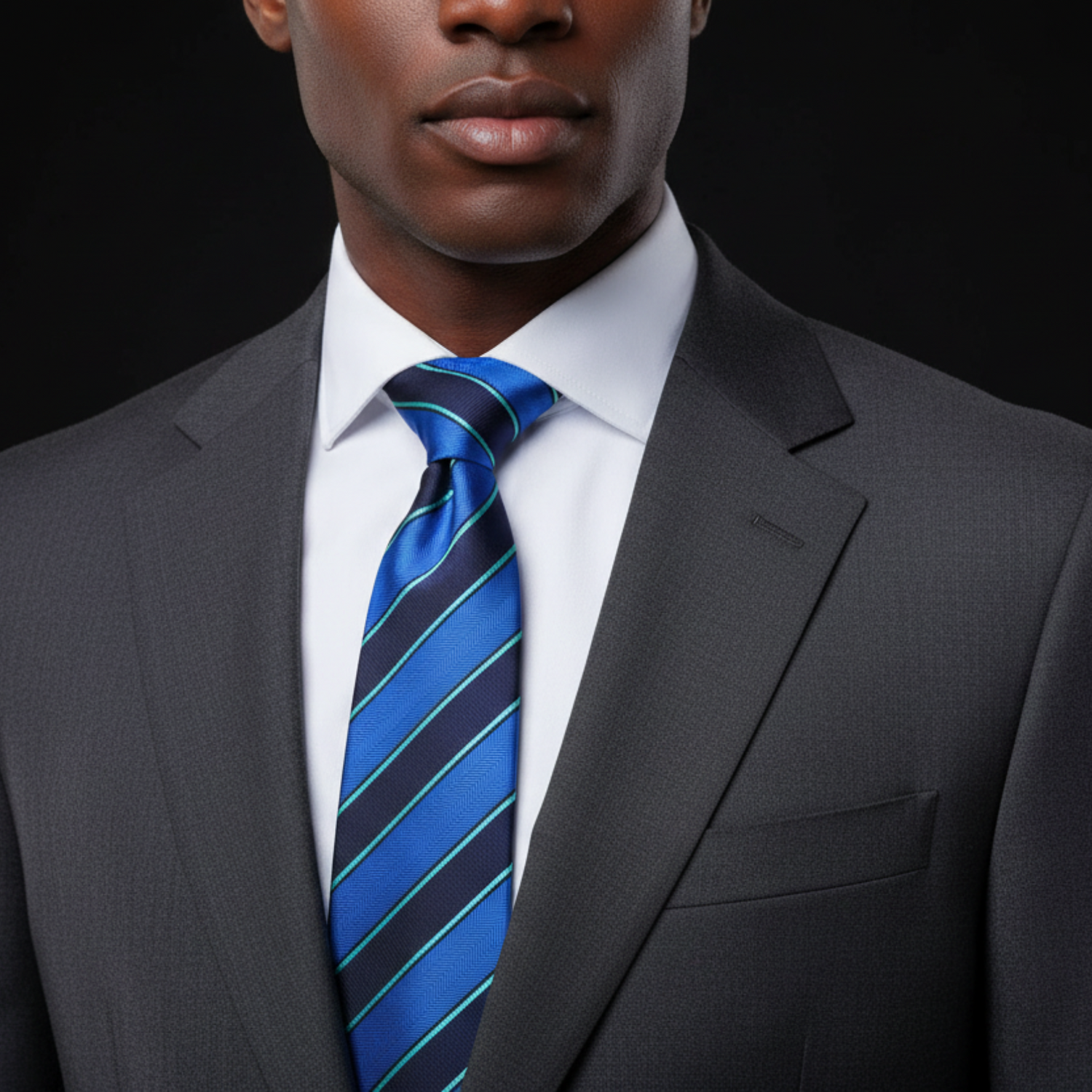 Man wearing a gray suit with a blue striped tie against a black background