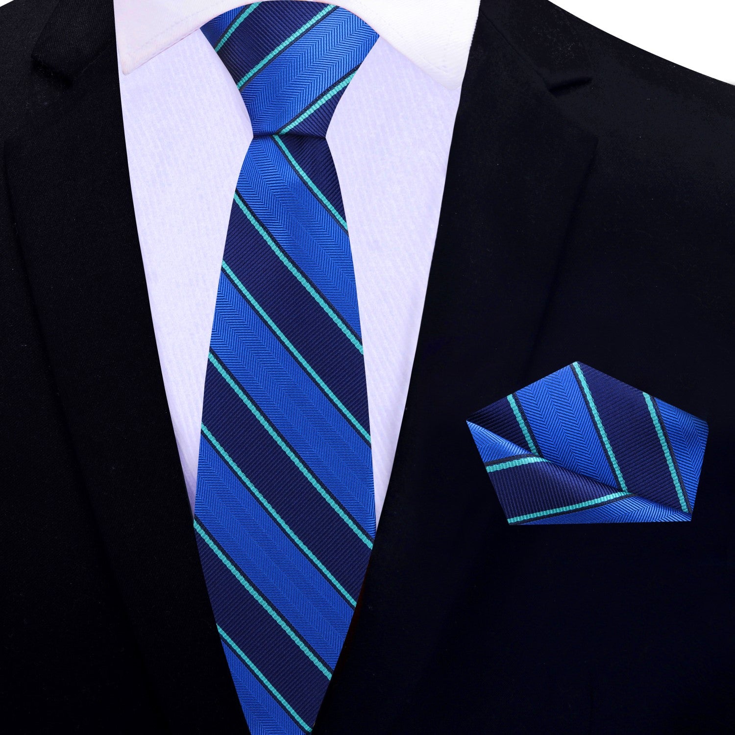 Thin Blue Green Stripe Necktie and square